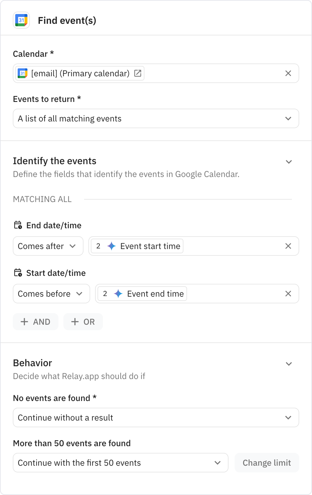 Relay.app screenshot of: Find event(s)