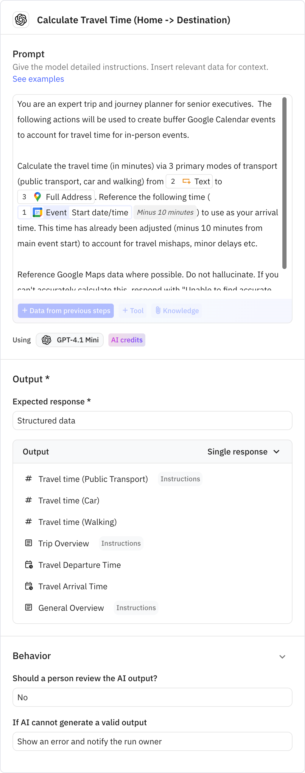Relay.app screenshot of: Calculate Travel Time (Home -> Destination)