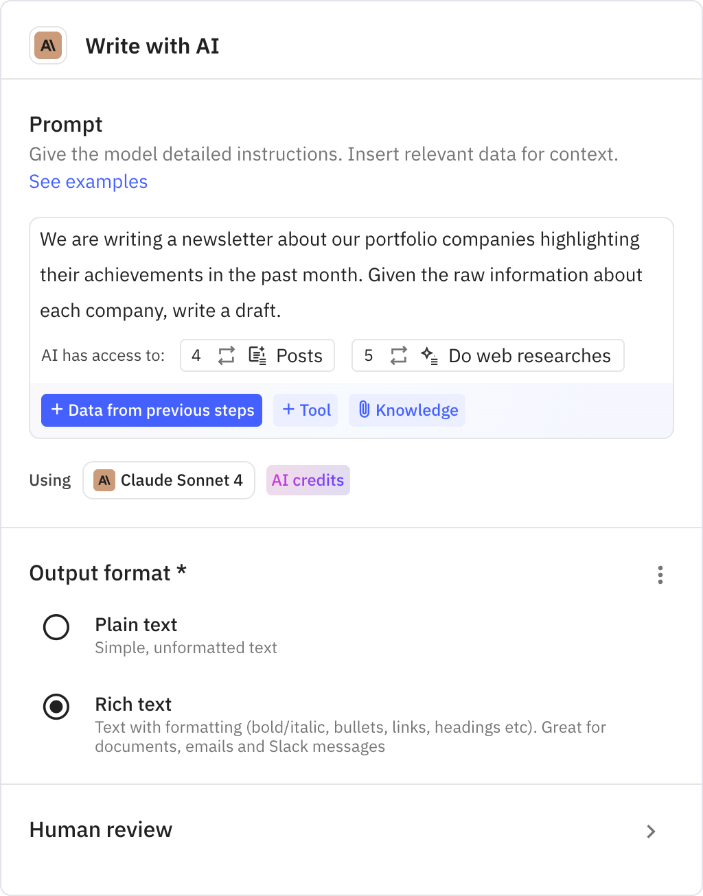 Relay.app screenshot of: Write with AI