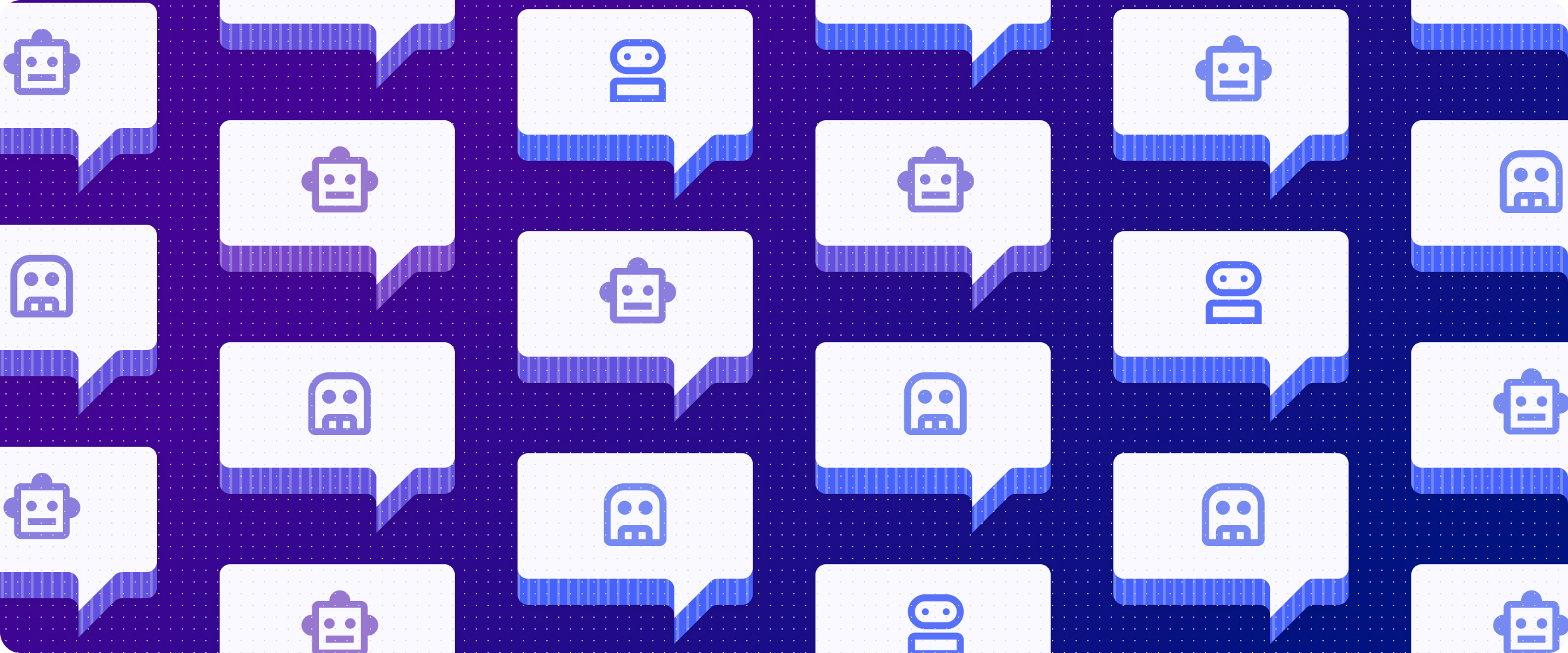 Decorative banner of quote bubbles and bots
