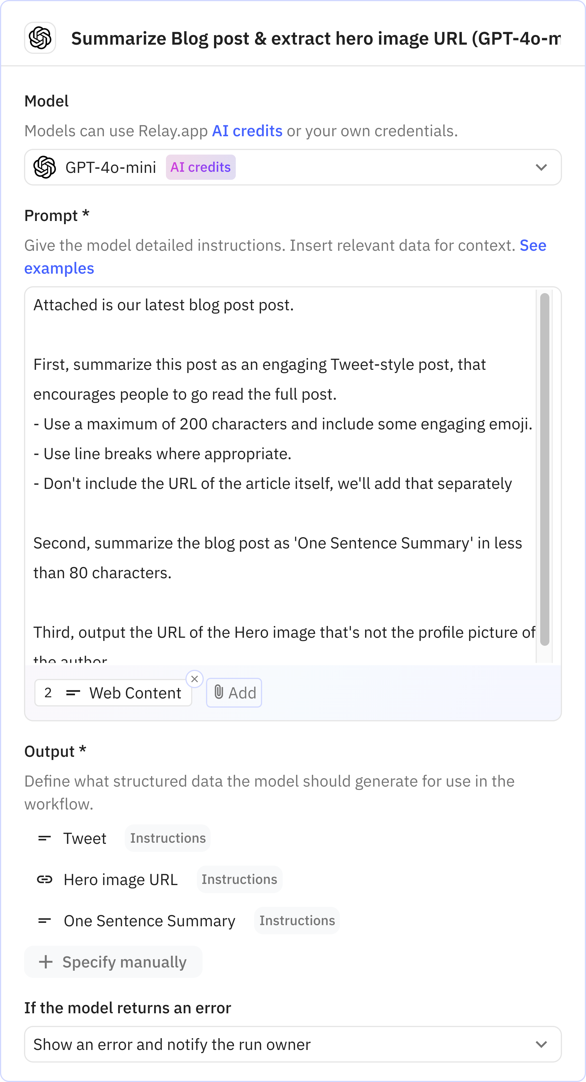 Relay.app screenshot of: Summarize Blog post & extract hero image URL (GPT-4o-mini)