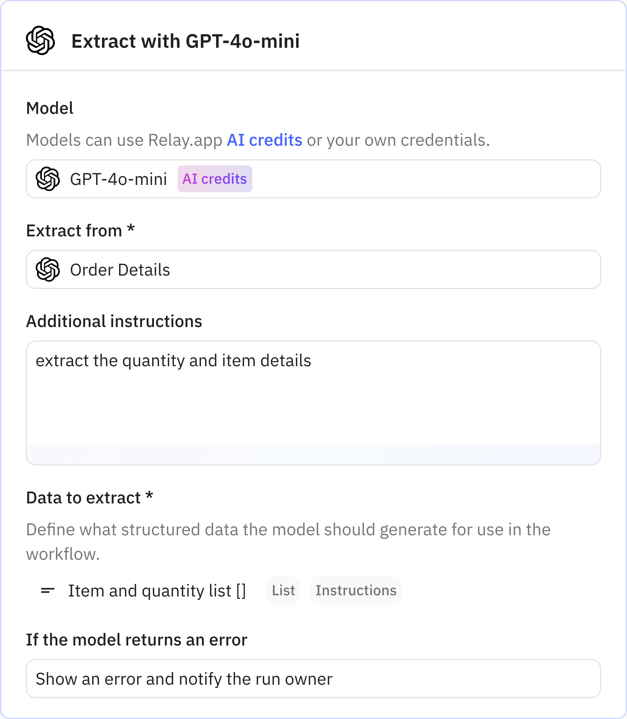 Relay.app screenshot of: Extract with GPT-4o-mini