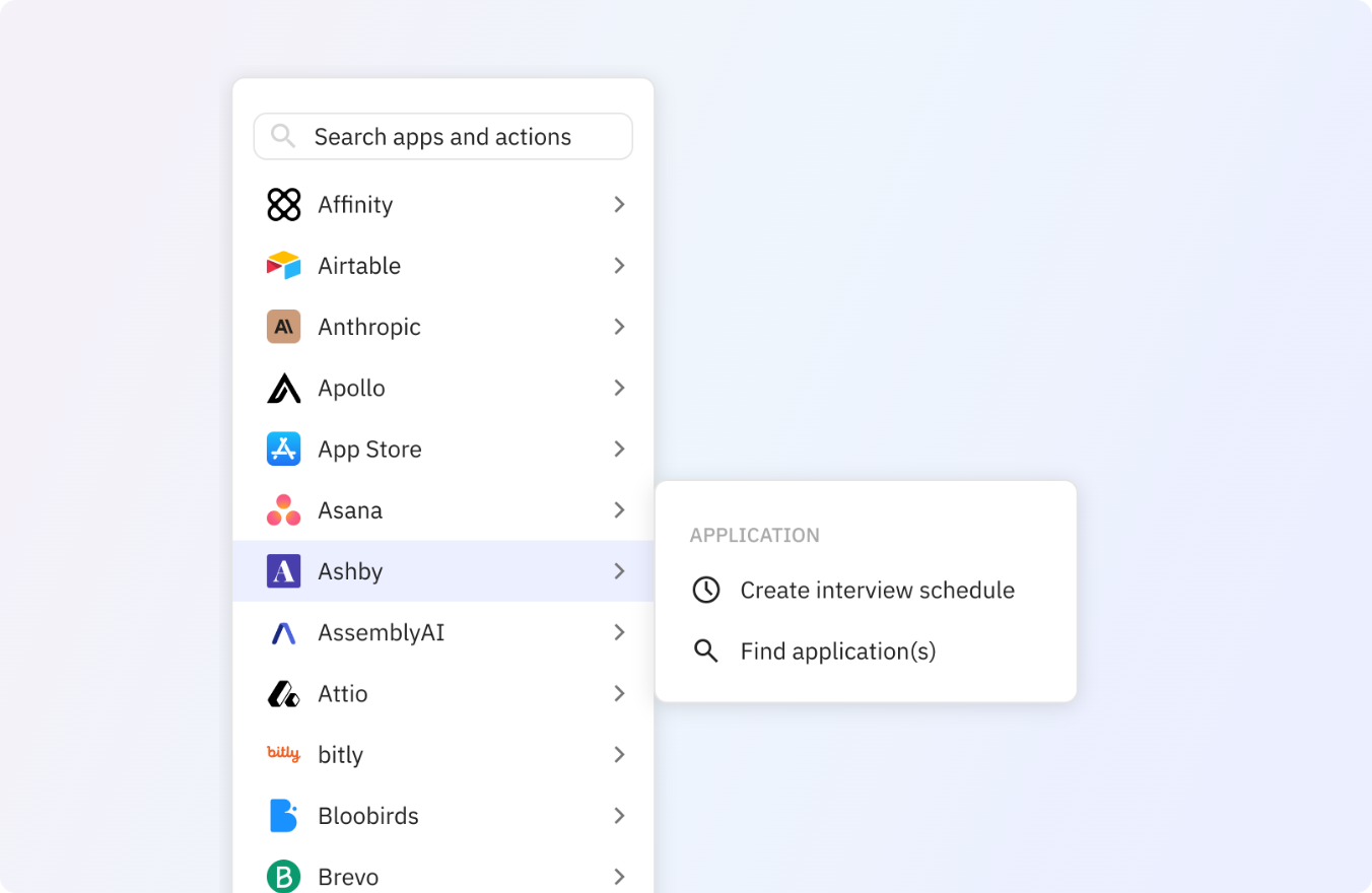 Preview of Schedule an interview or find an application in Ashby automatically in your Relay.app workflows