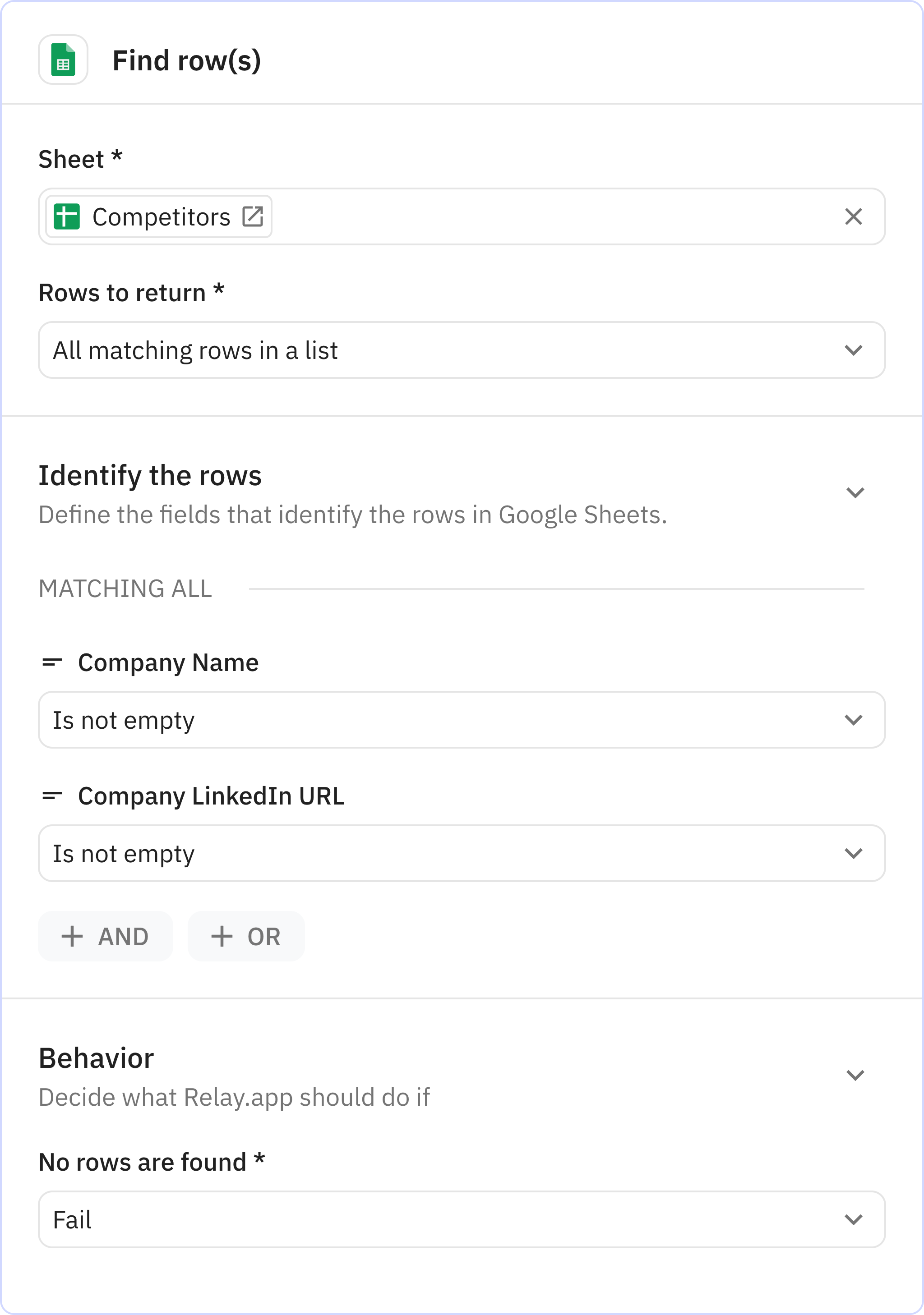 Relay.app screenshot of: Find row(s)