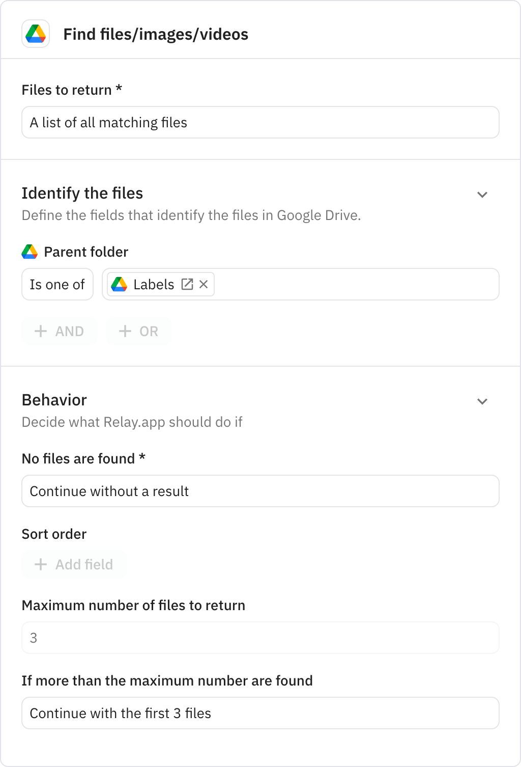 Relay.app screenshot of: Find files/images/videos
