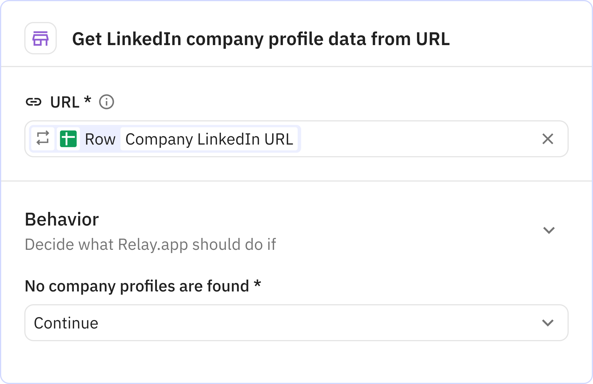 Relay.app screenshot of: Get LinkedIn company profile data from URL