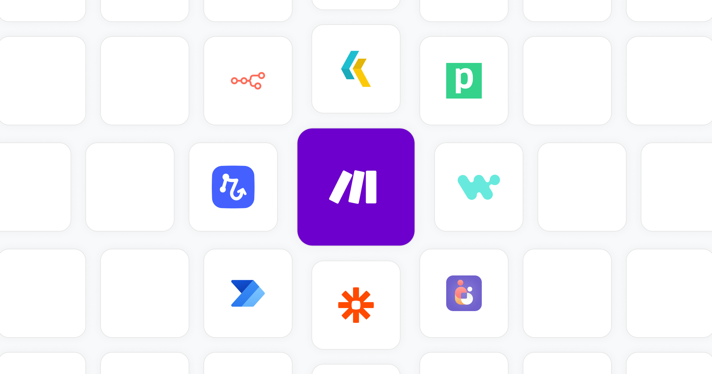 Logos of Make vs Relay.app, Zapier, n8n, Pipedream, Workato, Bardeen, Tray, Power Automate