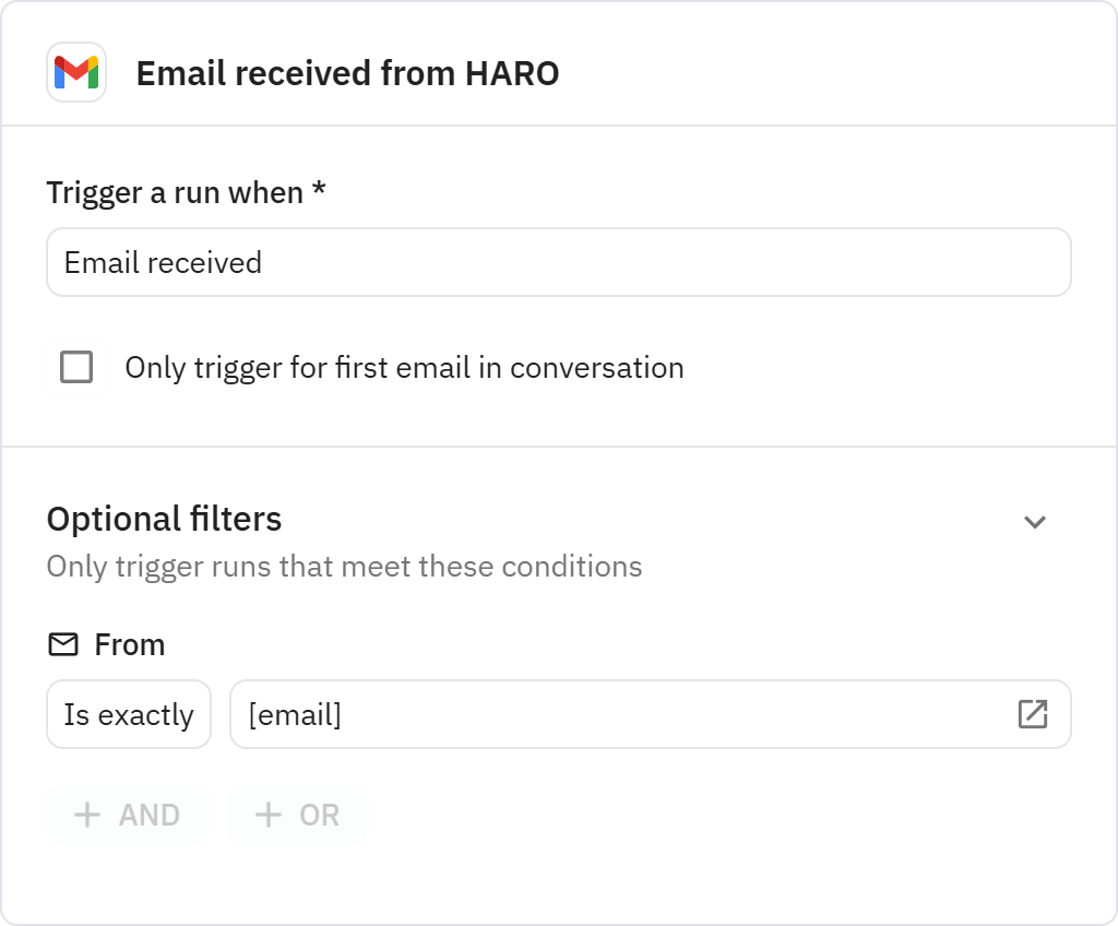 Relay.app screenshot of: Email received from HARO