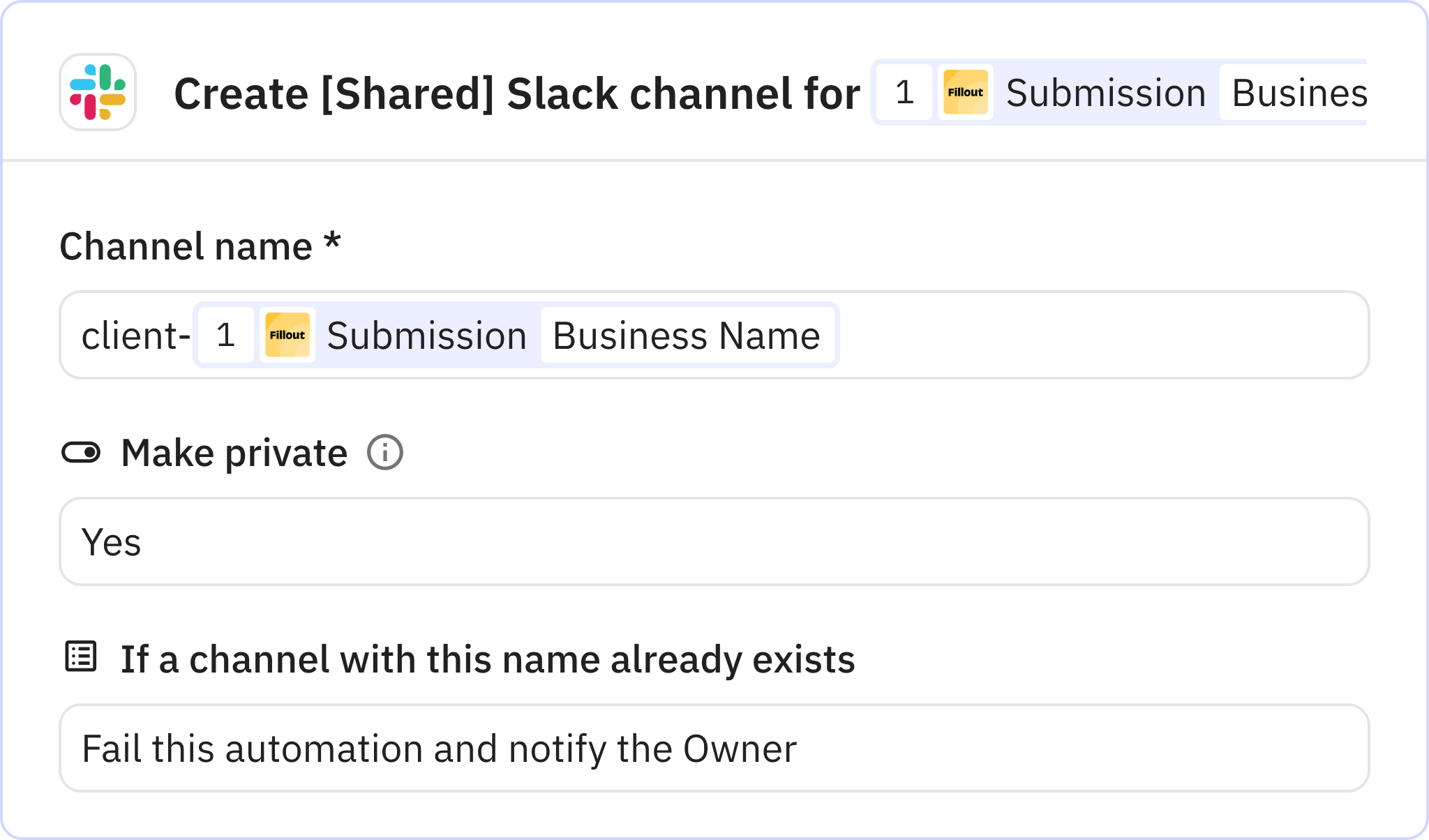 Relay.app screenshot of: Create [Shared] Slack channel for 