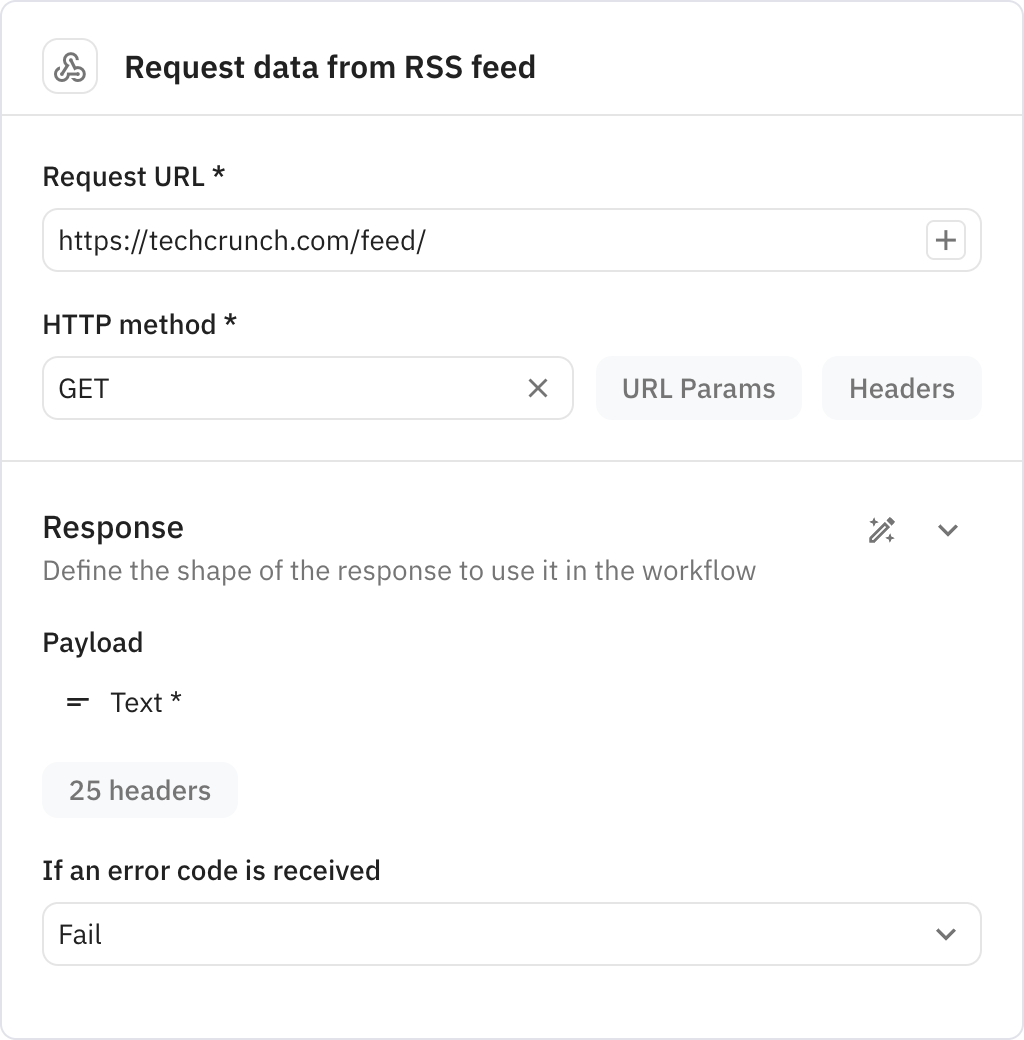 Relay.app screenshot of: Request data from RSS feed