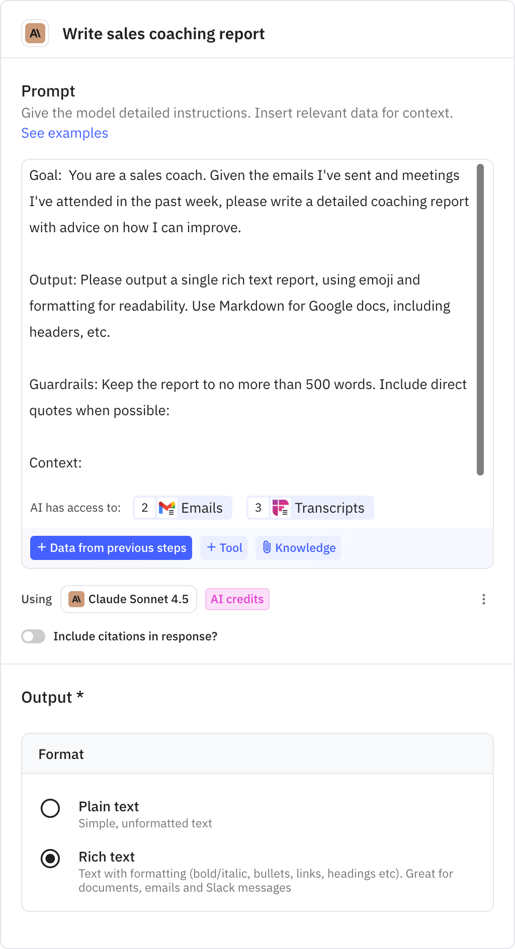 Relay.app screenshot of: Write sales coaching report