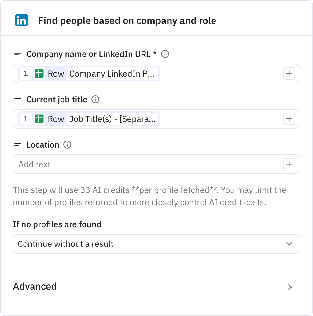 Relay.app screenshot of: Find people based on company and role