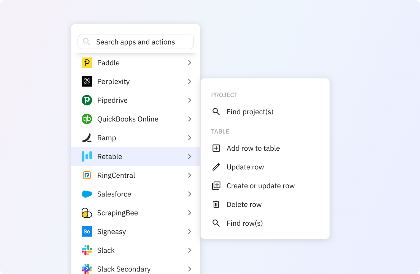 Preview of Use any of these Retable actions in your Relay.app workflows.