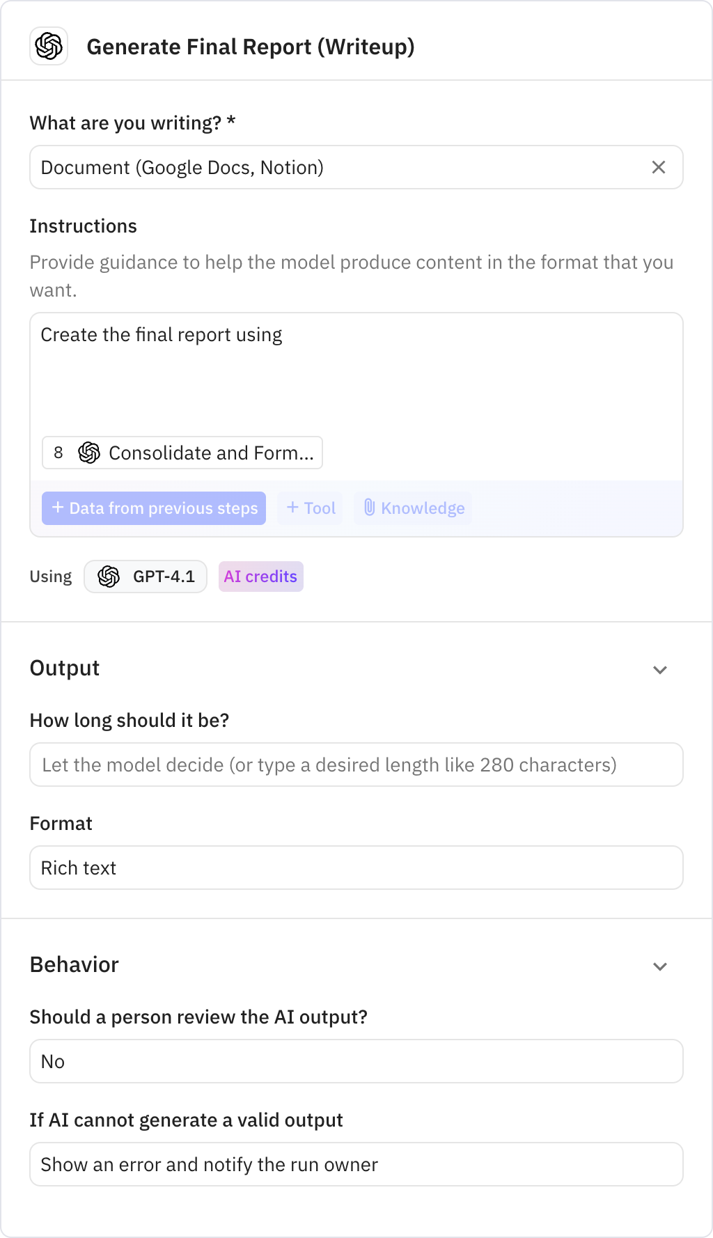 Relay.app screenshot of: Generate Final Report (Writeup)