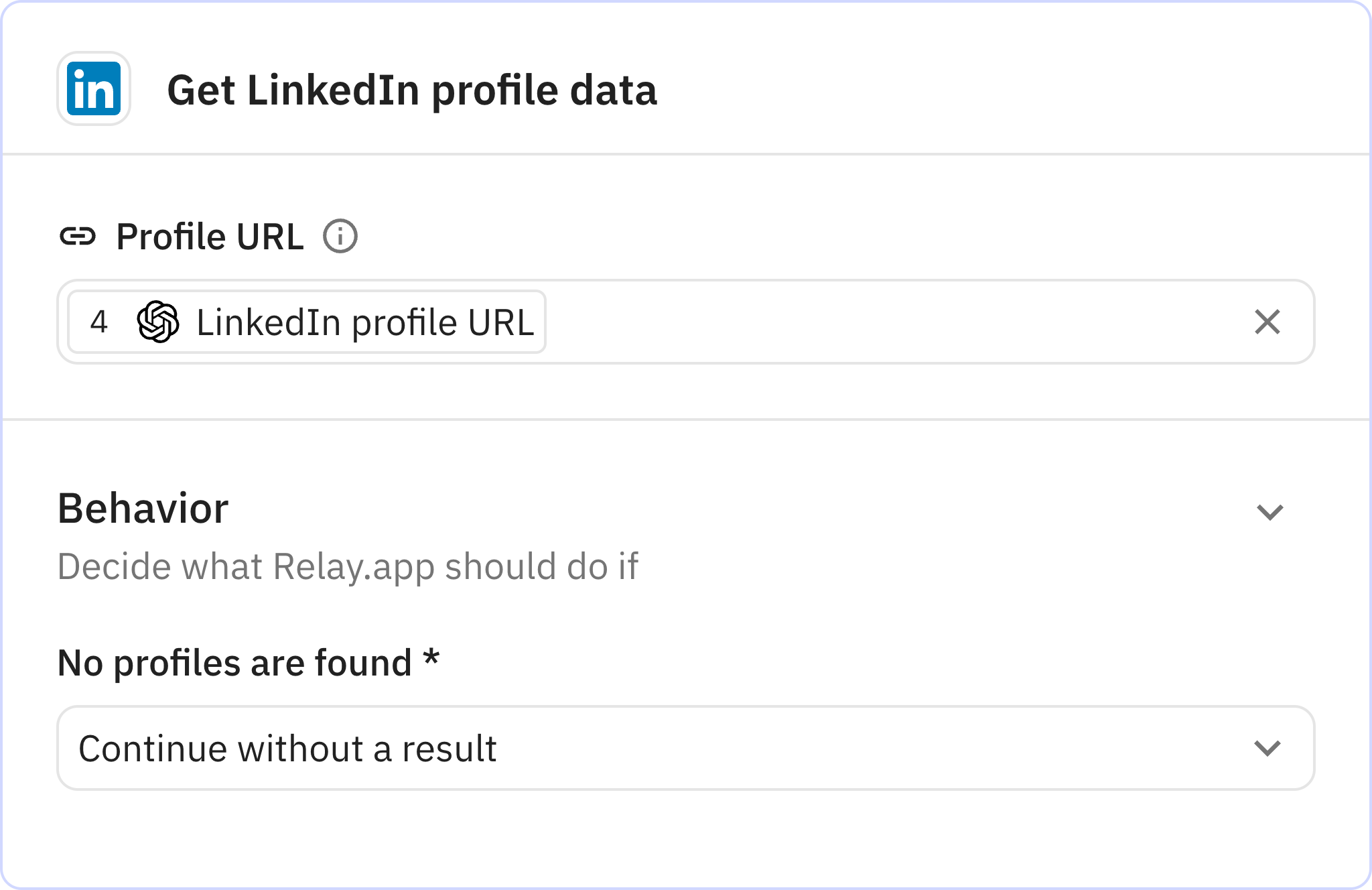 Relay.app screenshot of: Get LinkedIn profile data