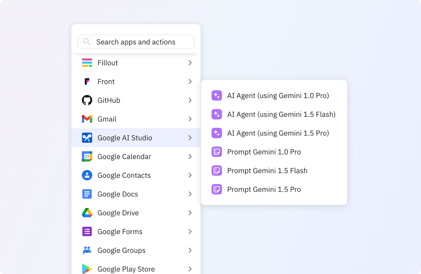 Preview of Use any of these Google AI Studio actions in your Relay.app workflows.