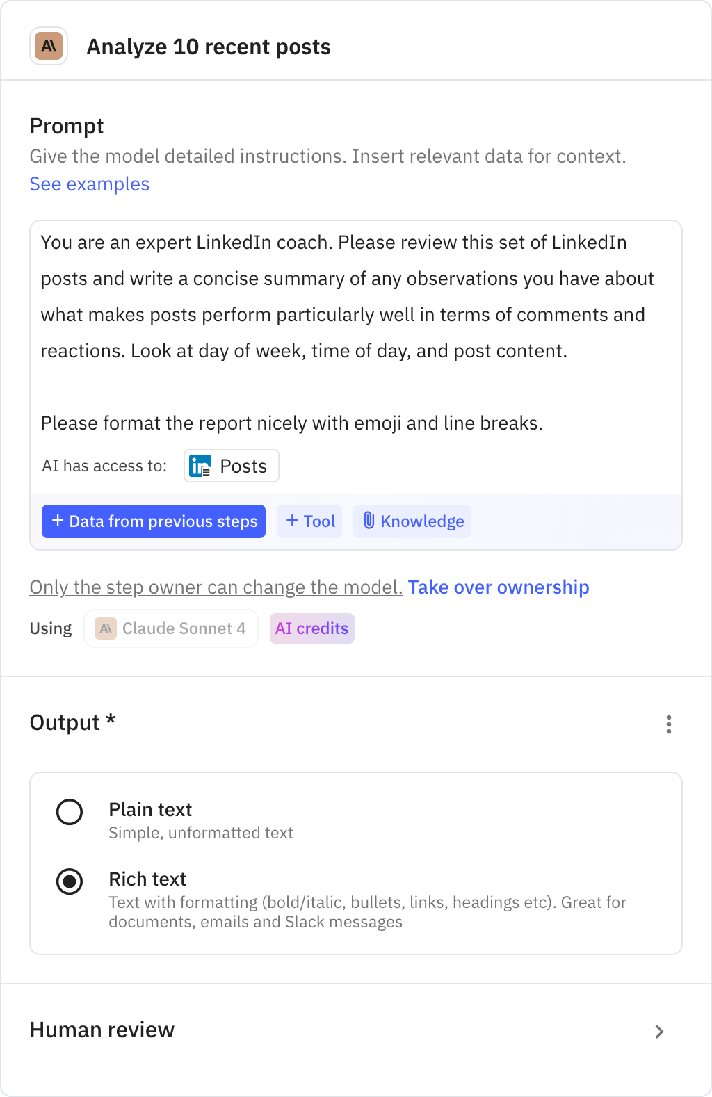 Relay.app screenshot of: Analyze 10 recent posts