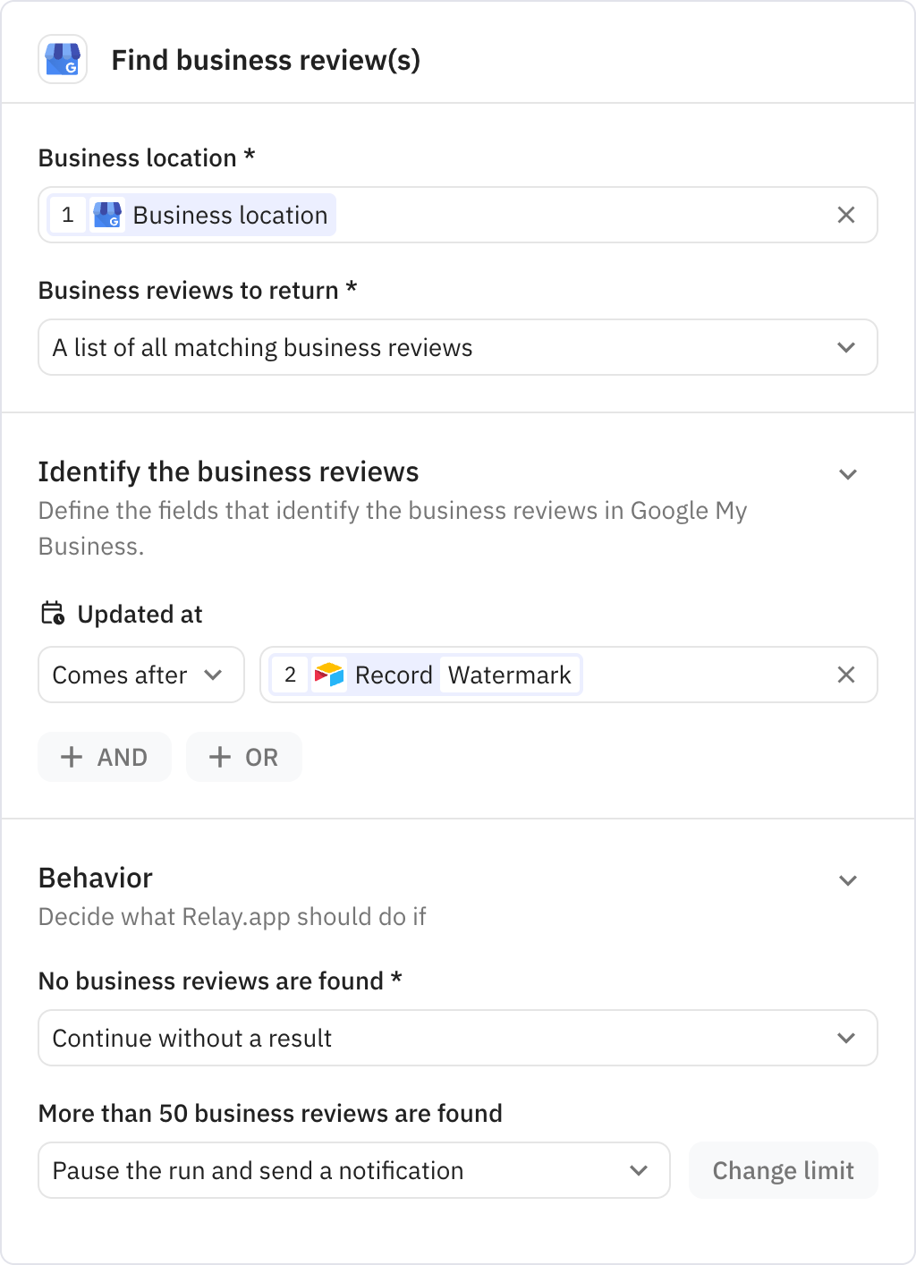 Relay.app screenshot of: Find business review(s)