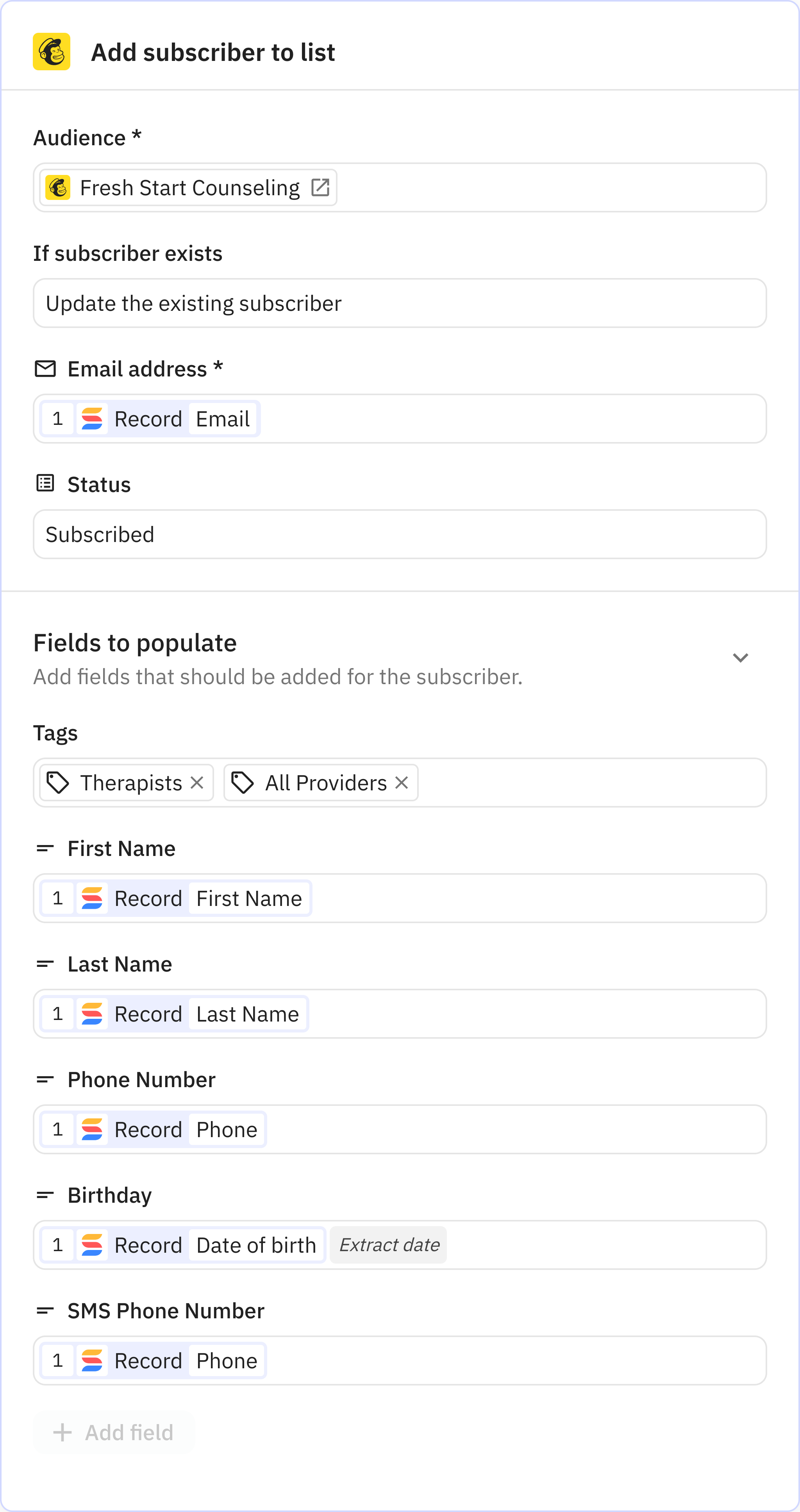 Relay.app screenshot of: Add subscriber to list