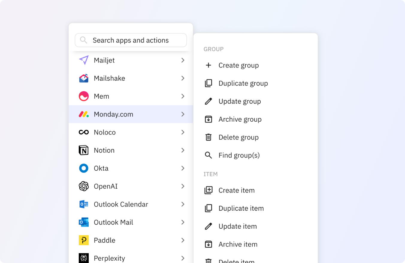 Preview of Use any of these Monday.com actions in your Relay.app workflows