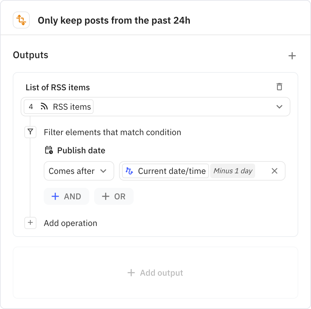 Relay.app screenshot of: Only keep posts from the past 24h
