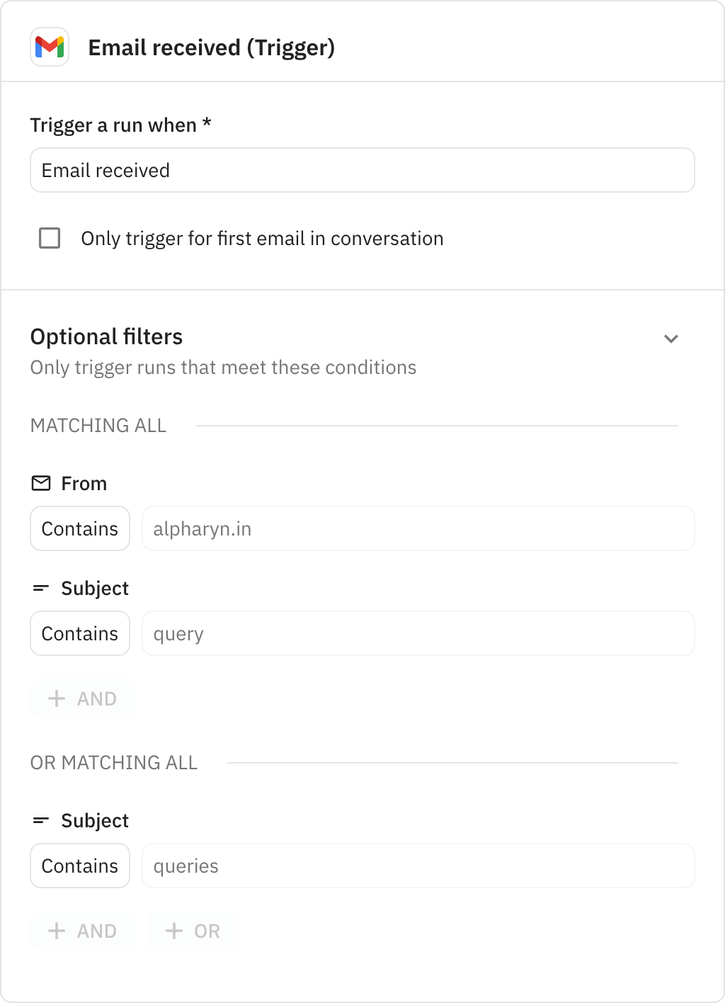 Relay.app screenshot of: Email received (Trigger)
