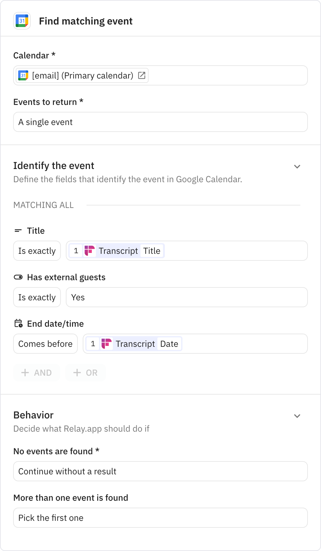 Relay.app screenshot of: Find matching event