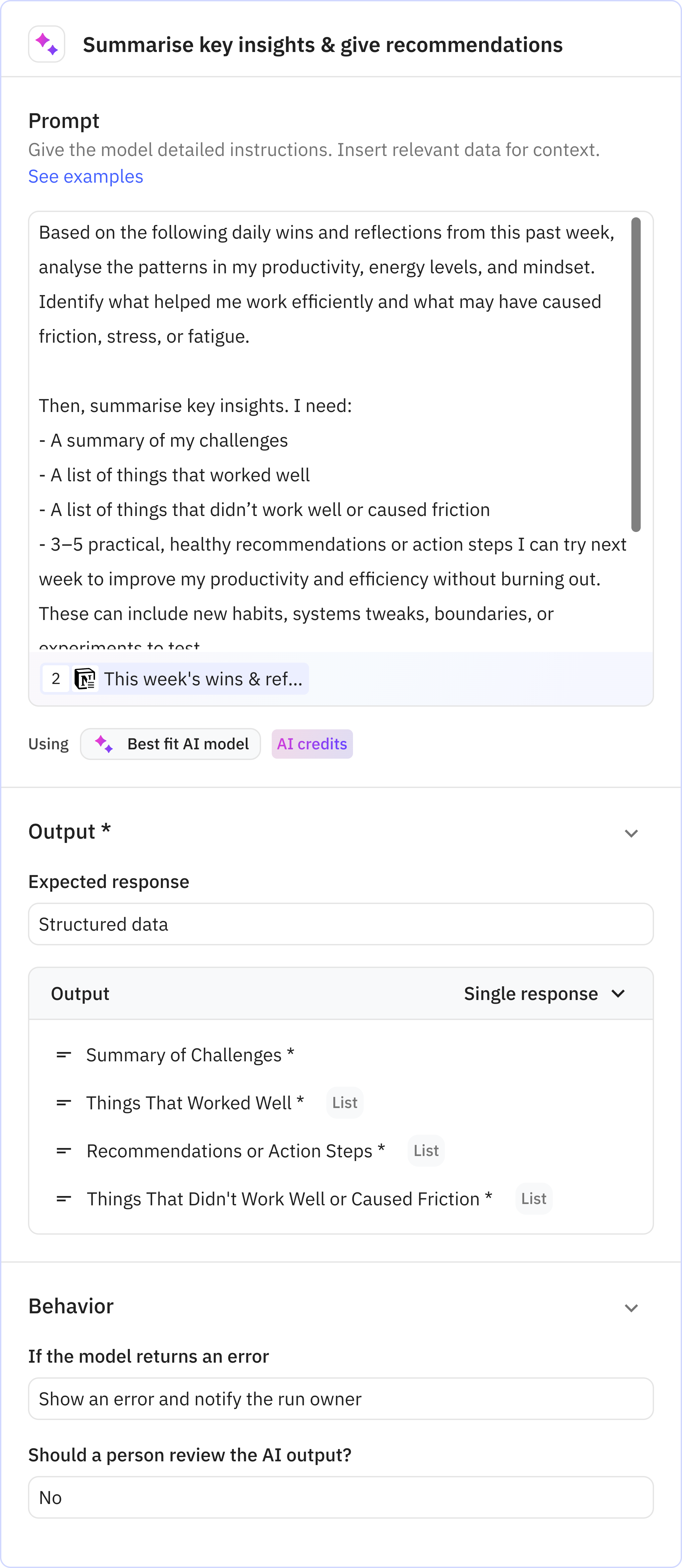 Relay.app screenshot of: Summarise key insights & give recommendations