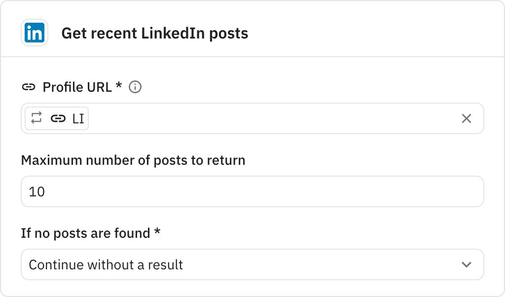 Relay.app screenshot of: Get recent LinkedIn posts