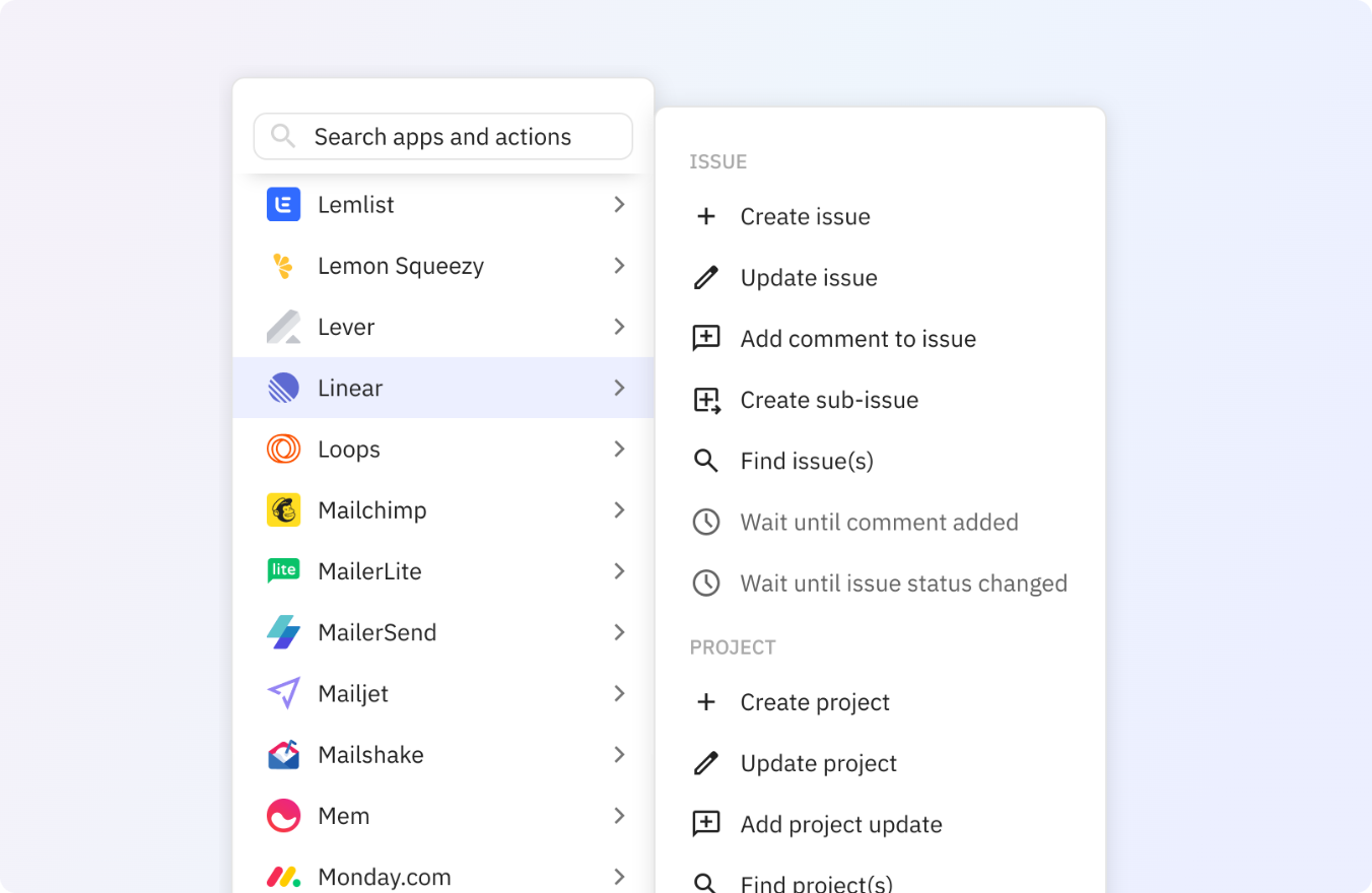 Preview of Use any of these Linear actions in your Relay.app workflows