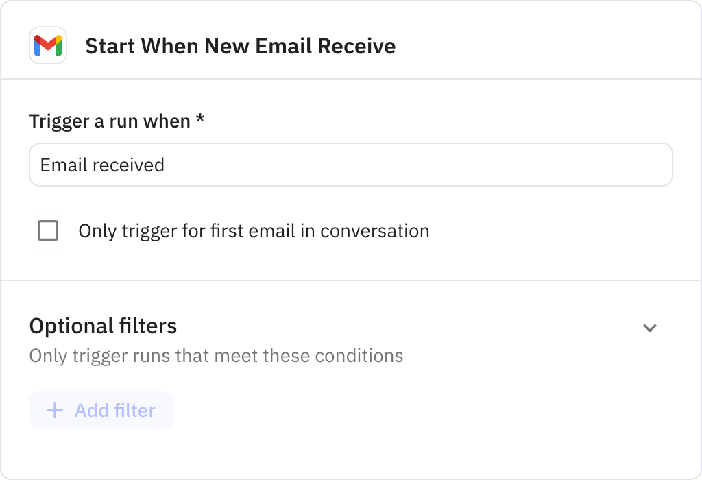 Relay.app screenshot of: Start When New Email Receive