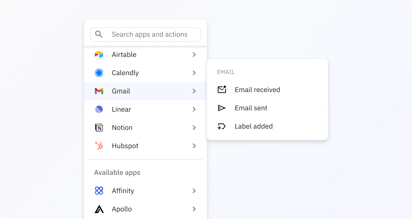 Preview of Gmail can trigger a run on email received, email sent or label added.