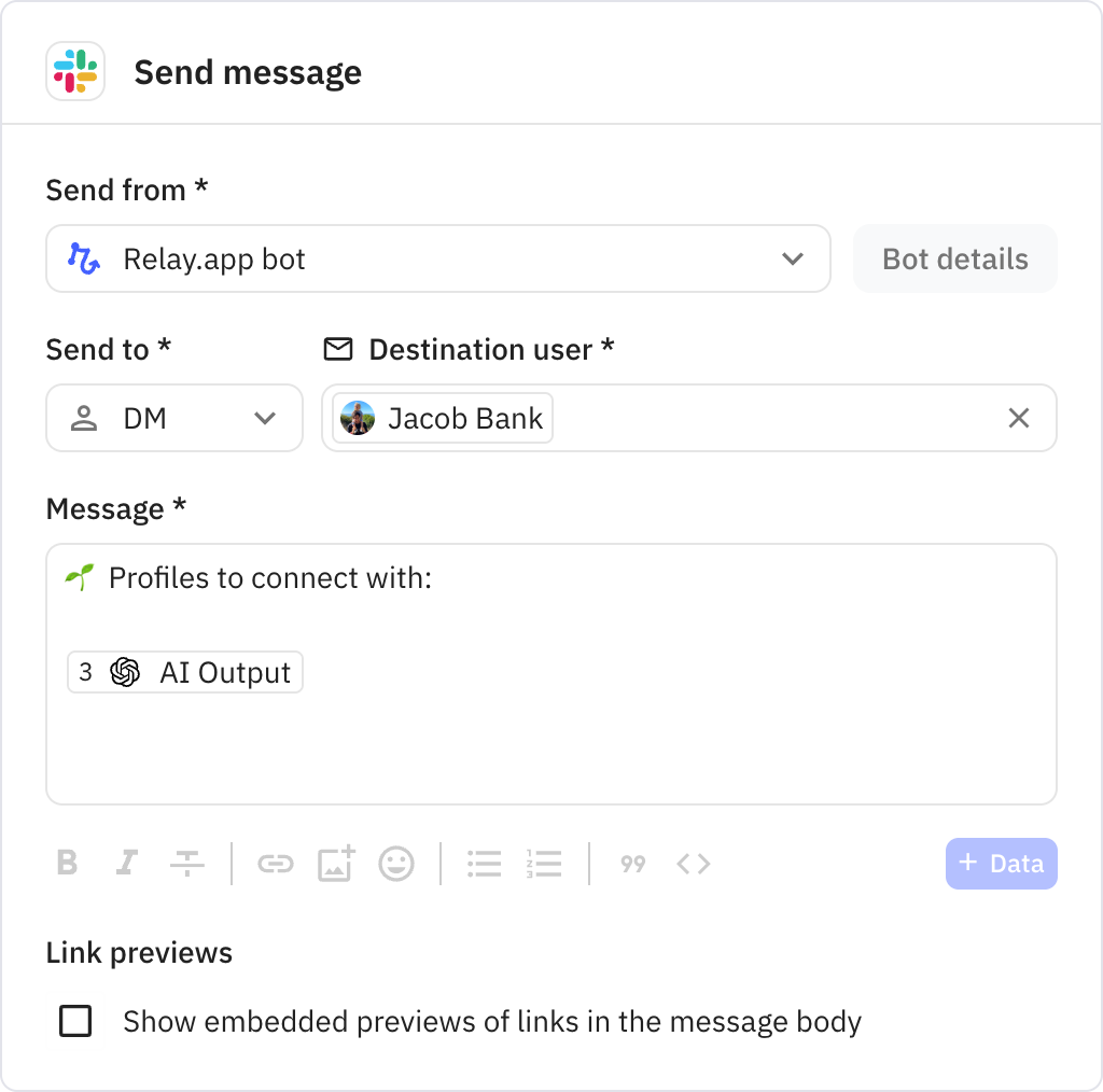 Relay.app screenshot of: Send message