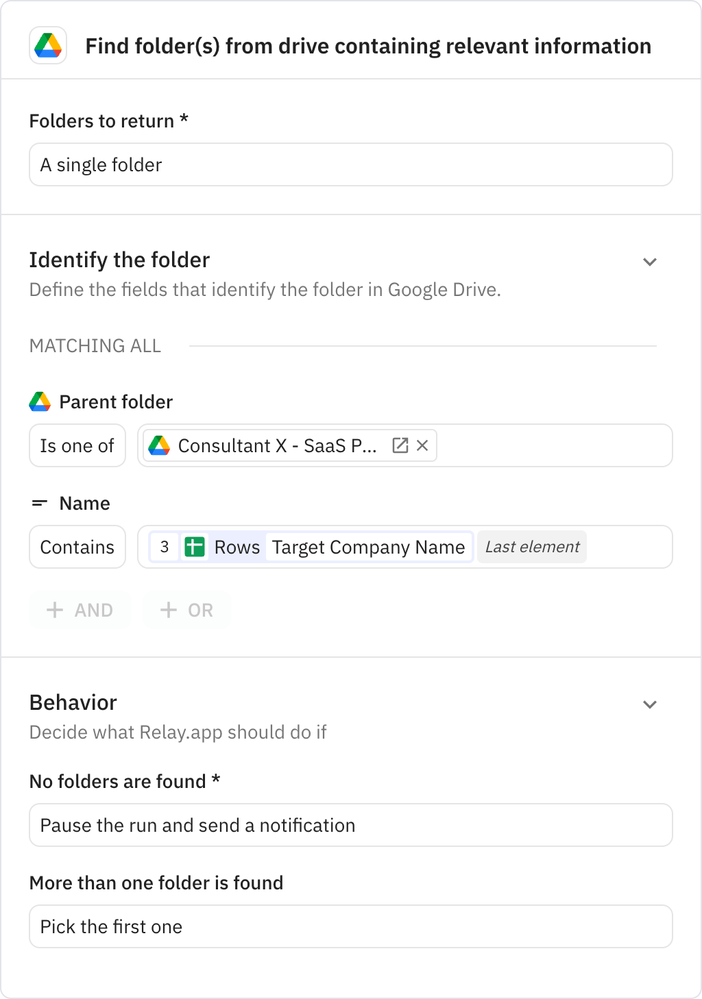 Relay.app screenshot of: Find folder(s) from drive containing relevant information