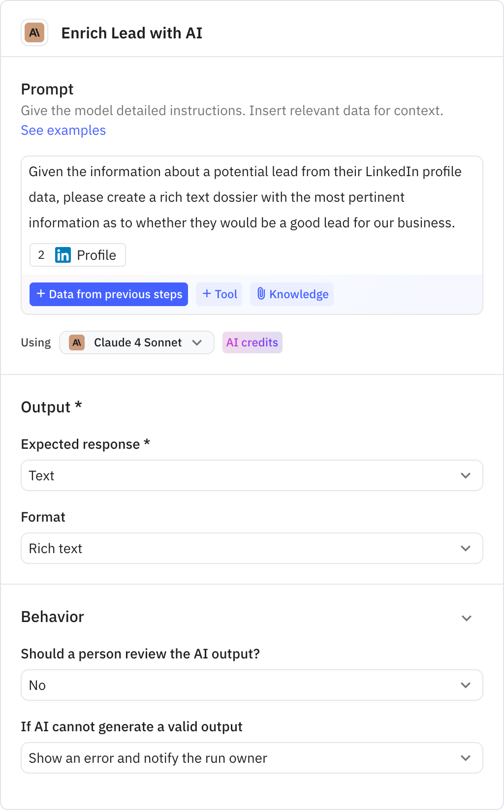 Relay.app screenshot of: Enrich Lead with AI