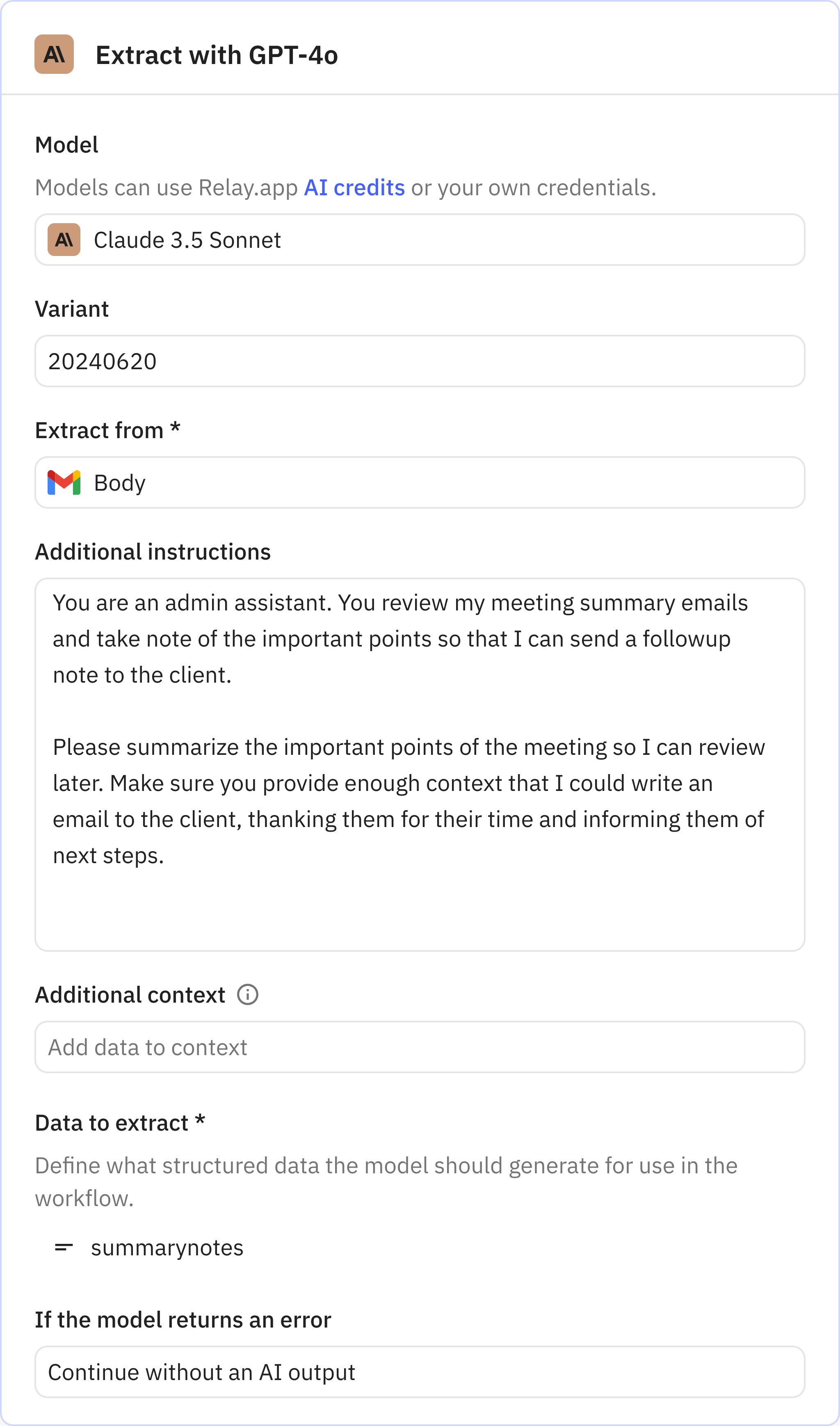Relay.app screenshot of: Extract with Claude 3.5 Sonnet