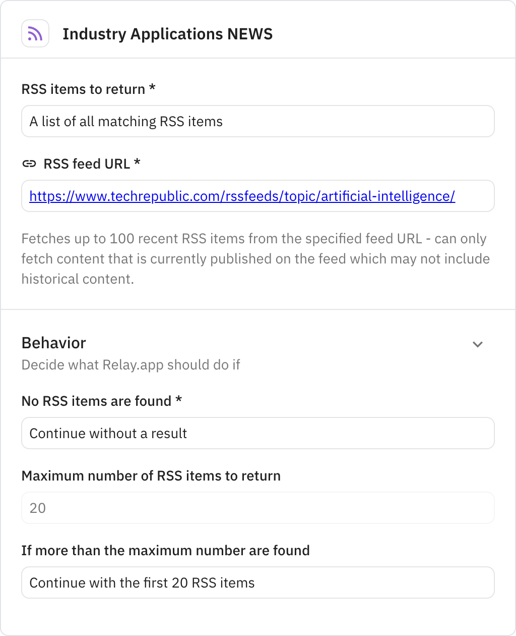 Relay.app screenshot of: Industry Applications NEWS