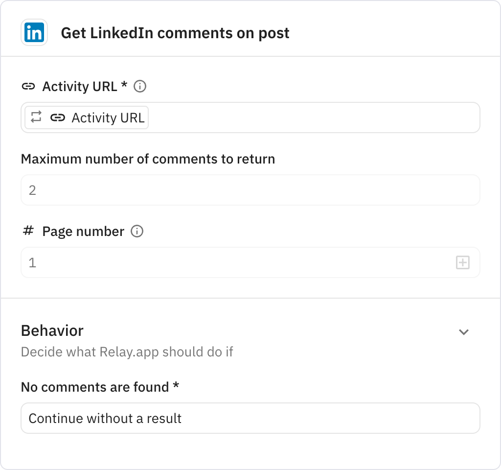 Relay.app screenshot of: Get LinkedIn comments on post