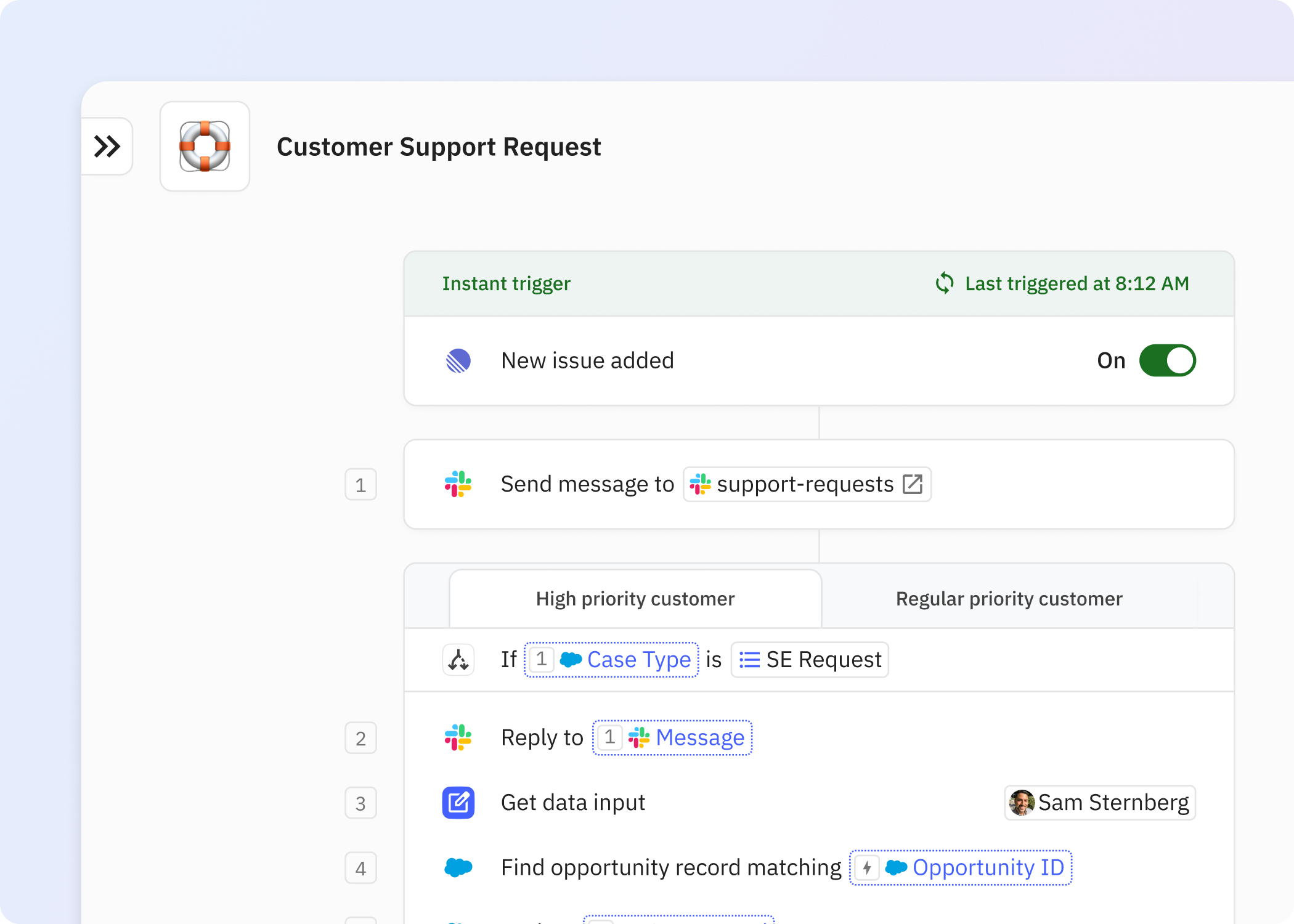 Screenshot of a Relay.app playbook handling a customer support request