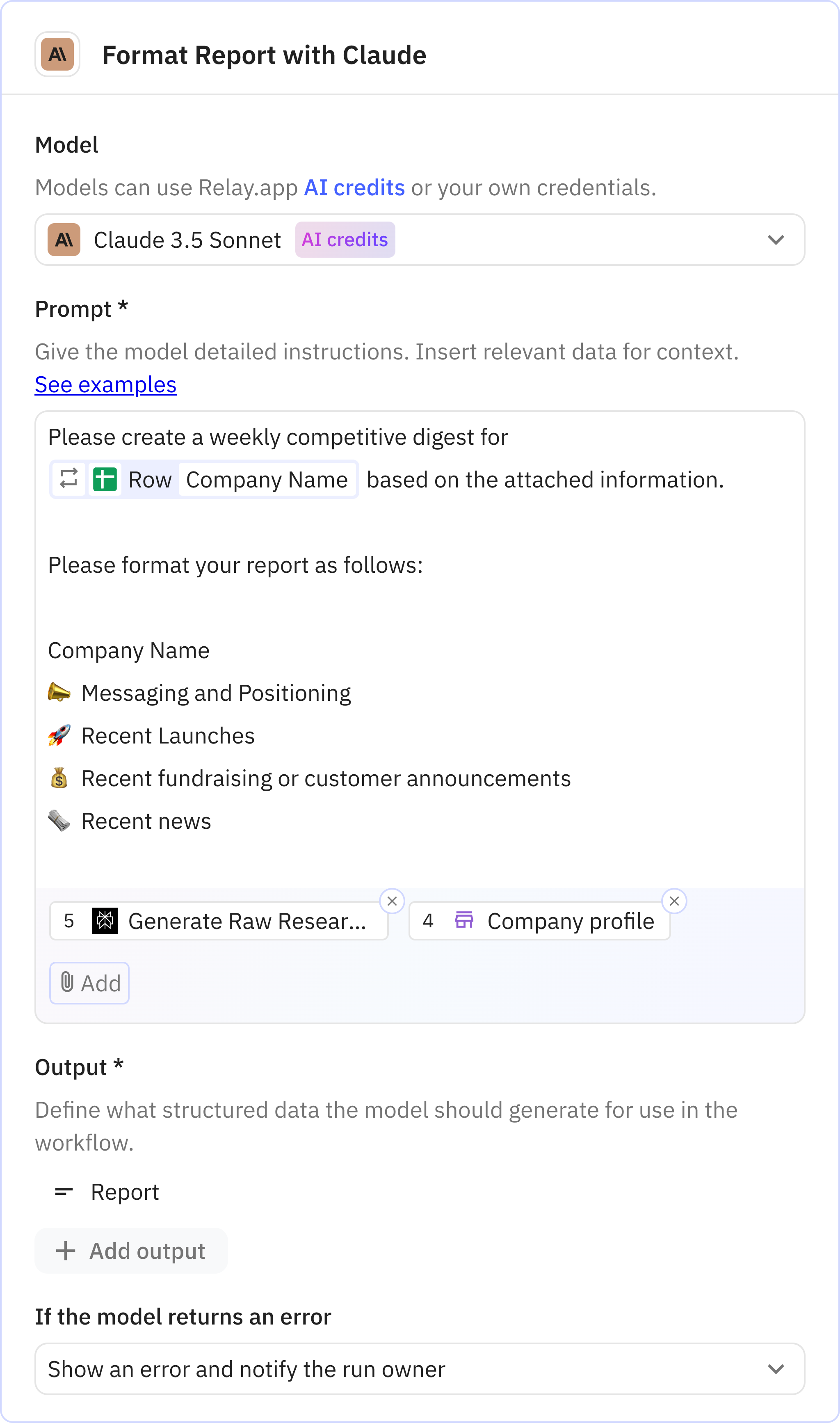 Relay.app screenshot of: Step 6: Format Report with Claude