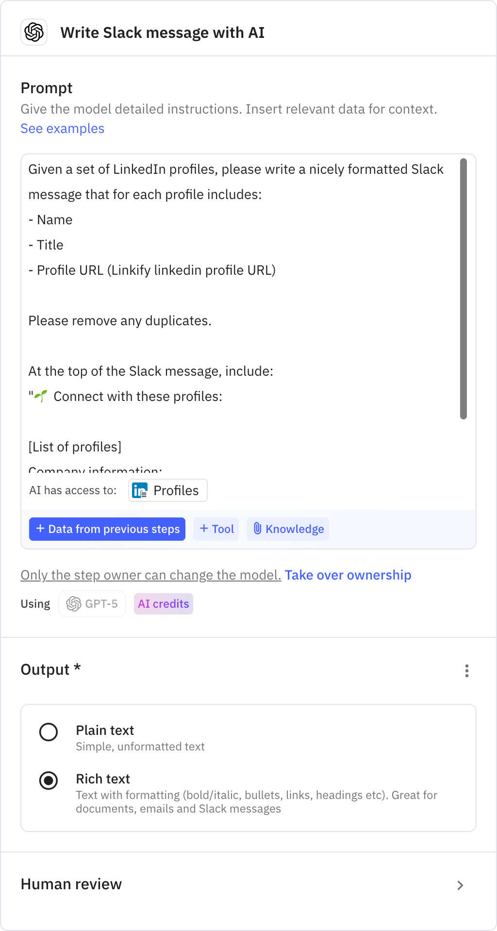 Relay.app screenshot of: Write Slack message with AI