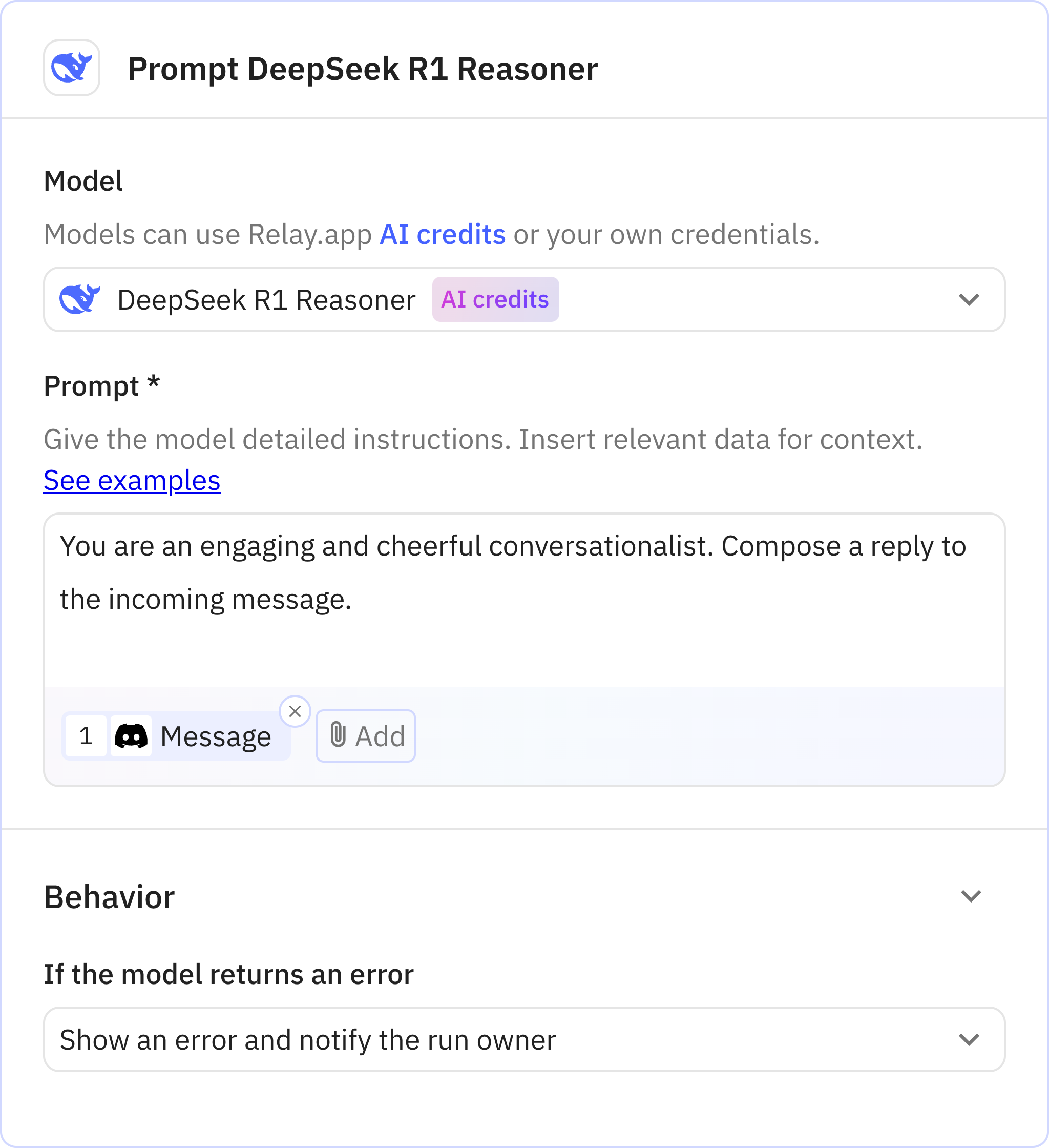Relay.app screenshot of: Prompt DeepSeek R1 Reasoner