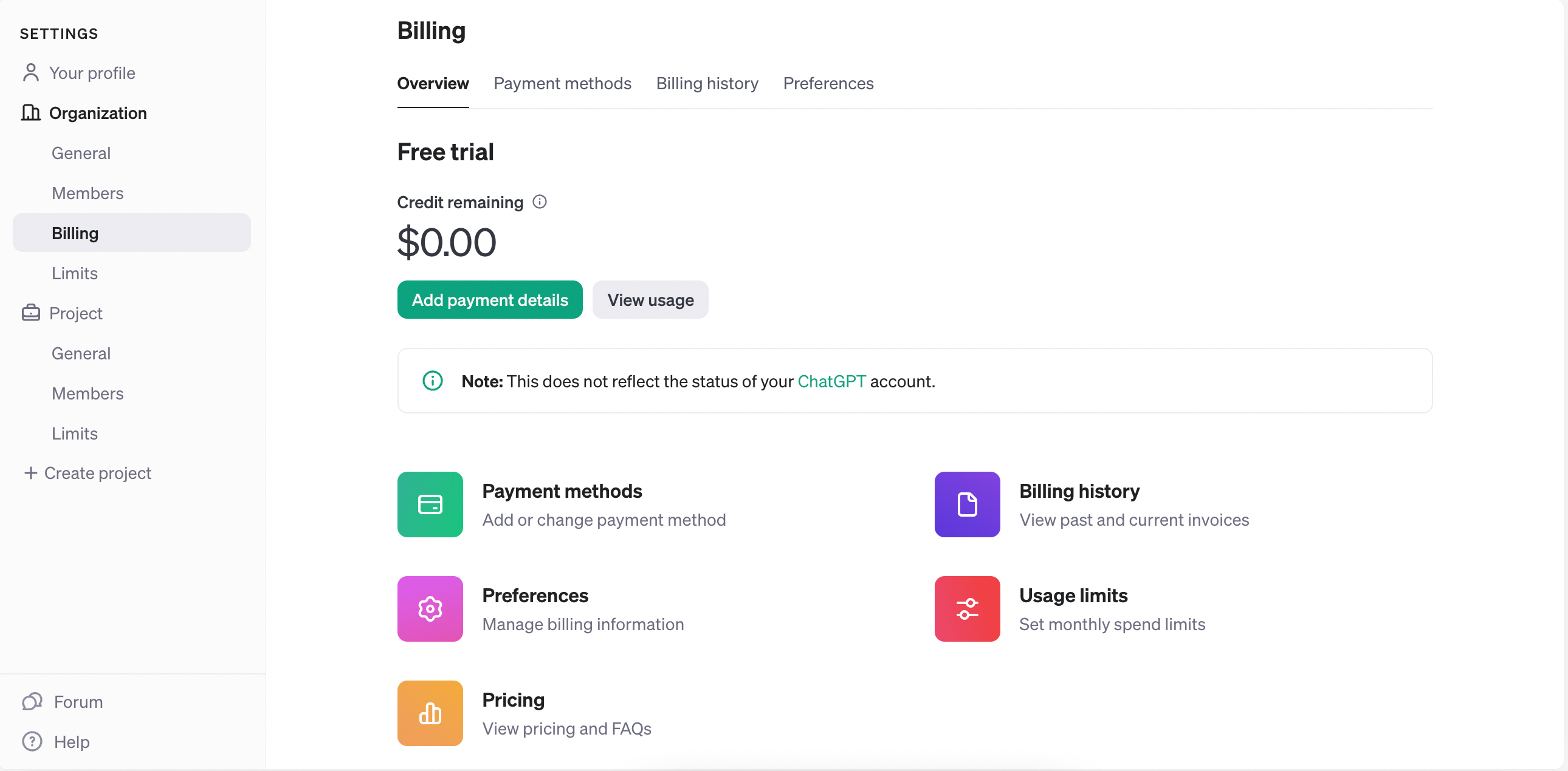 The OpenAI platform billing page