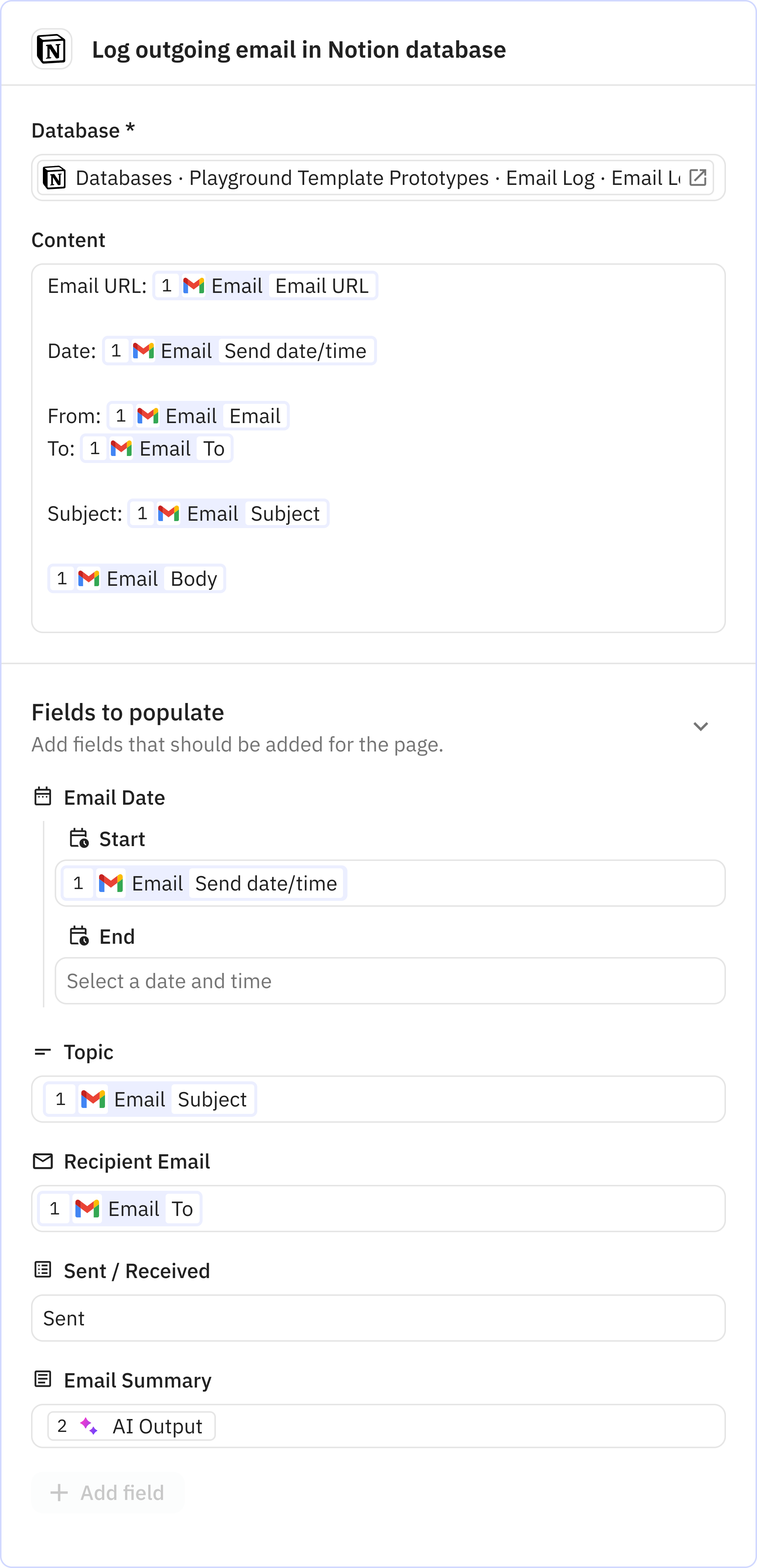 Relay.app screenshot of: Step 4: Log outgoing email in Notion database