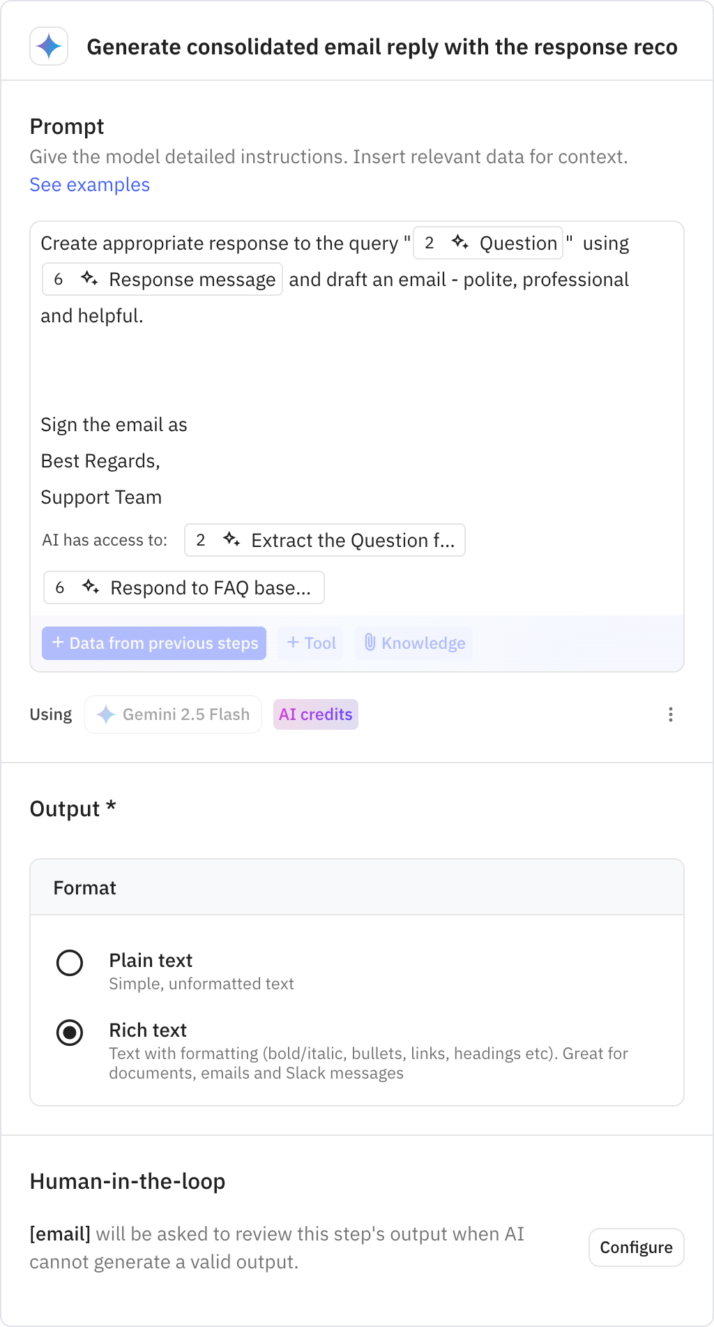 Relay.app screenshot of: Generate consolidated email reply with the response records in table