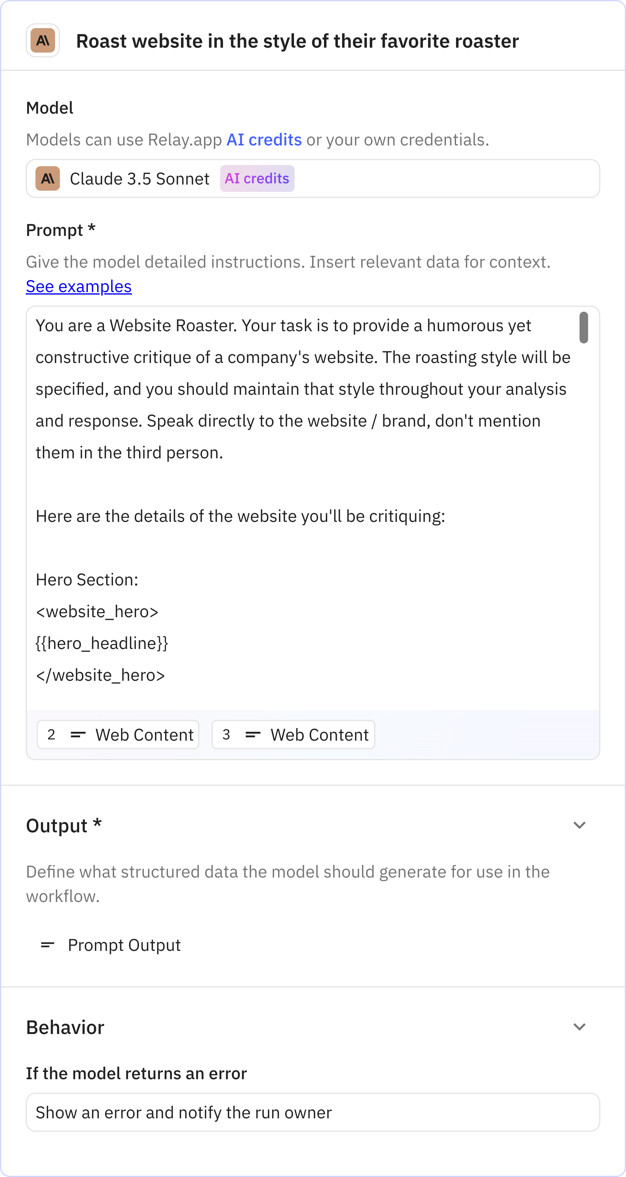 Relay.app screenshot of: Roast website in the style of their favorite roaster