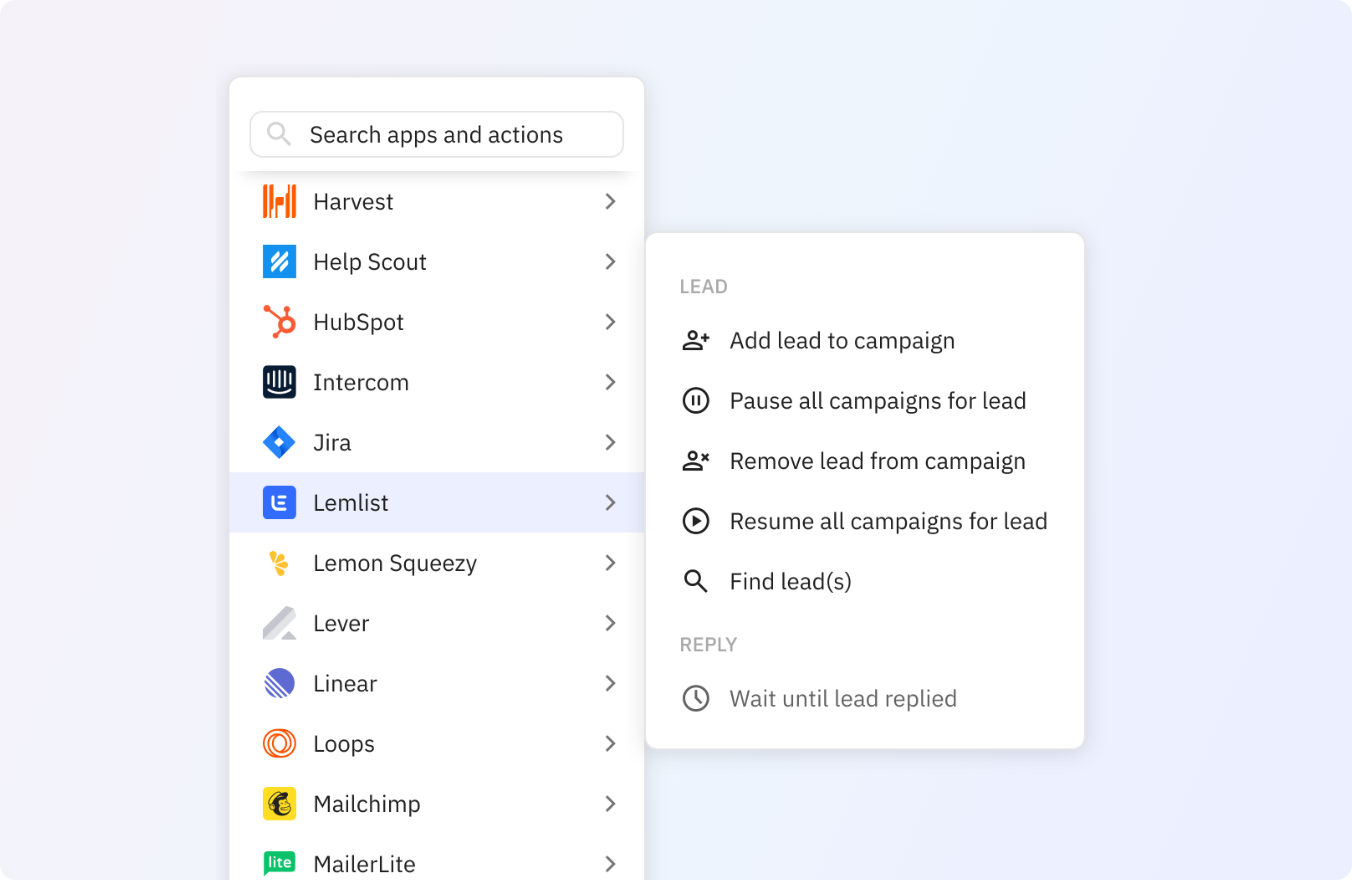 Preview of Use any of these Lemlist actions in your Relay.app workflows
