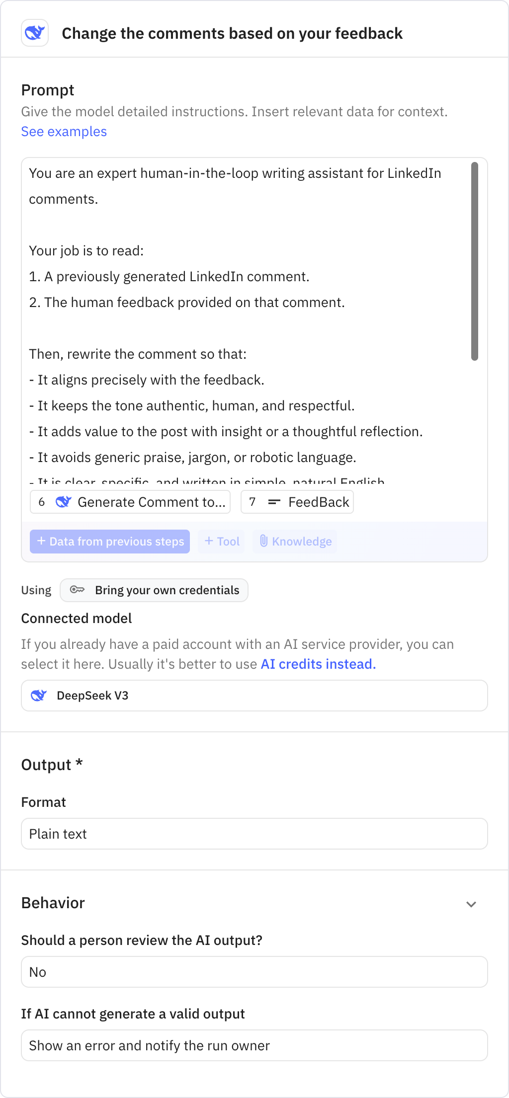 Relay.app screenshot of: Change the comments based on your feedback