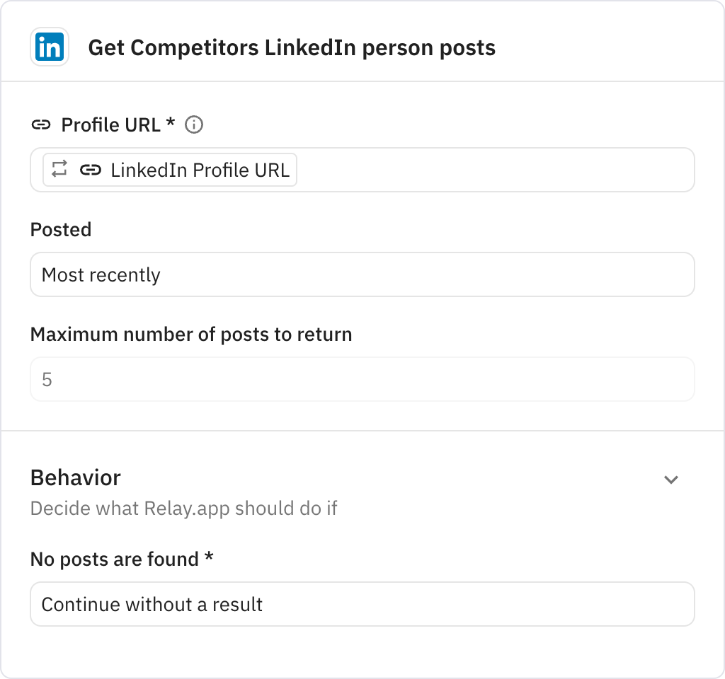 Relay.app screenshot of: Get Competitors LinkedIn person posts