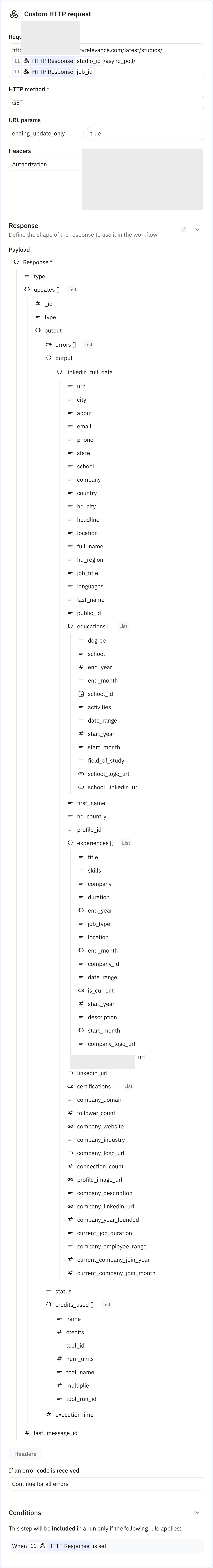 Relay.app screenshot of: Custom HTTP request